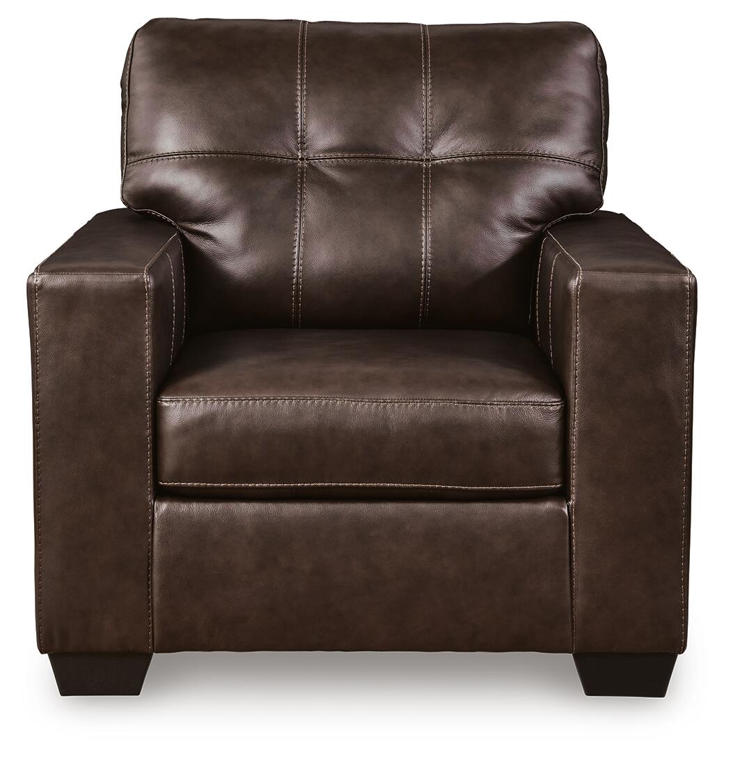 Front view of a dark brown leather club chair.