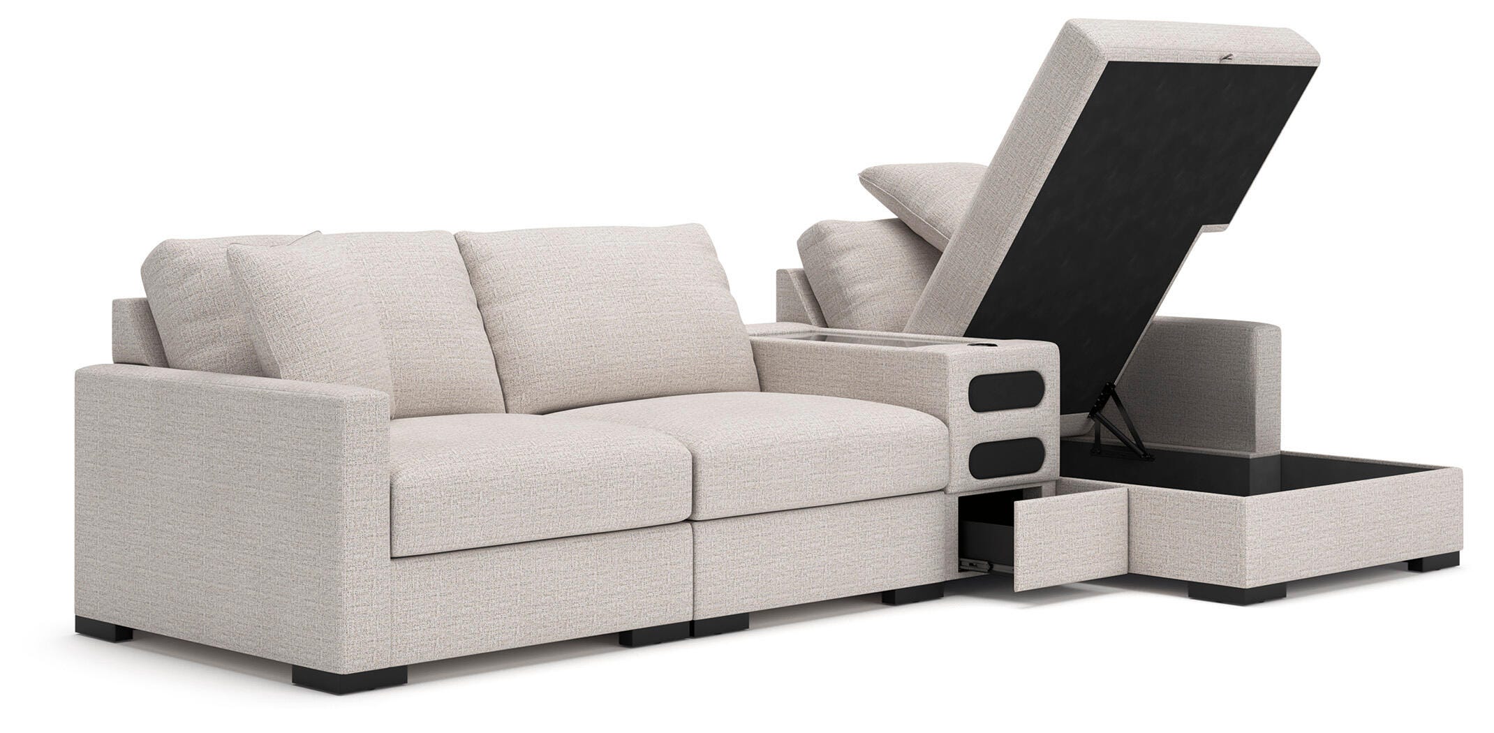 Omaha by Ashley 4-Piece Sectional with Storage Chaise and Audio Console, Stone, rollover