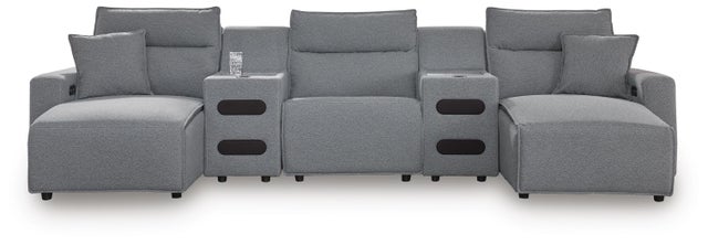 ModMax II 5-Piece Next-Gen Nuvella™ Performance Fabric Dual Power Reclining Modular Sectional with Double Chaise and Audio Consoles
