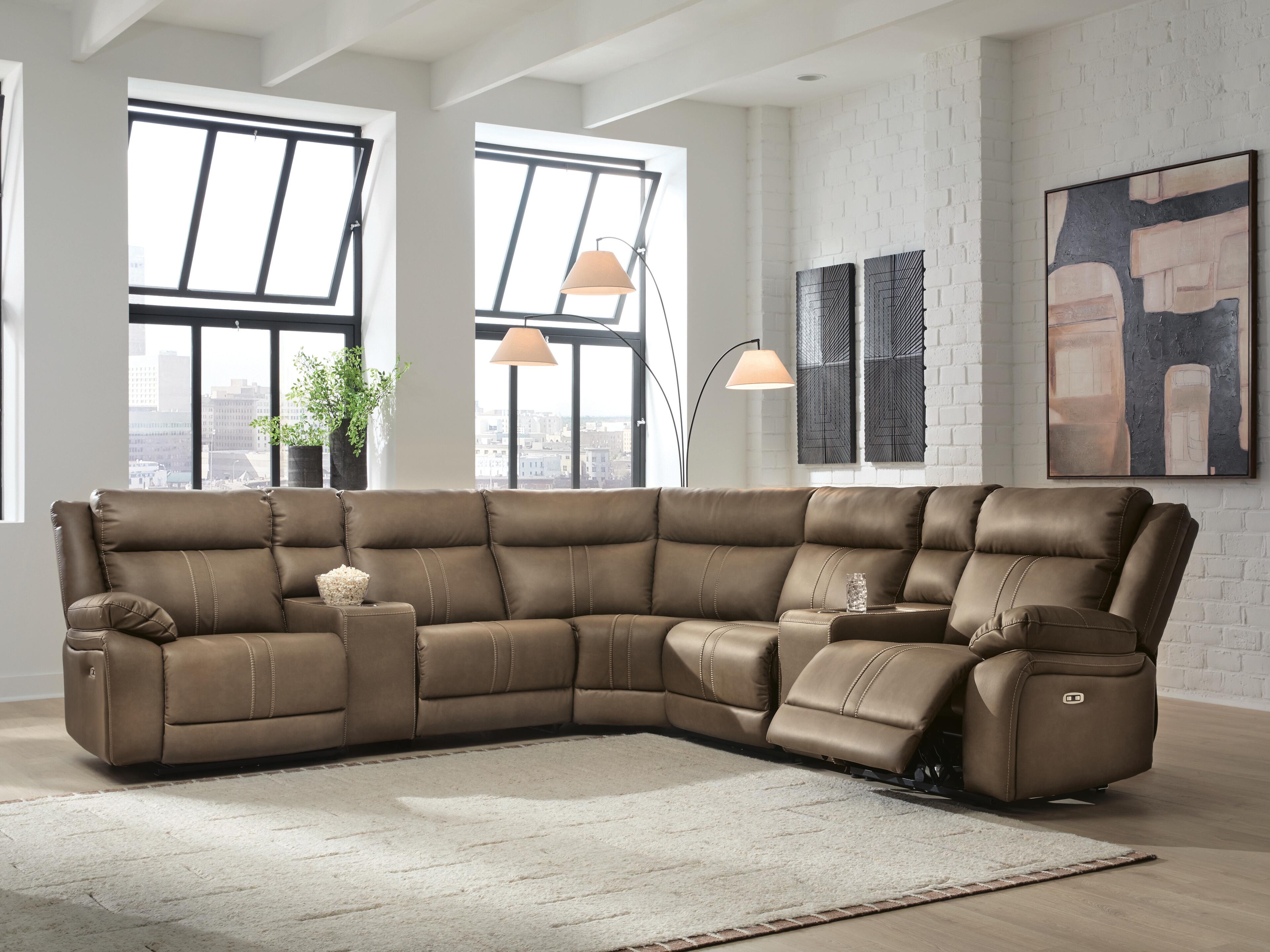 Max-Media 7-Piece Dual Power Reclining Modular Sectional with Audio Consoles and 2 Seats, Biscotti