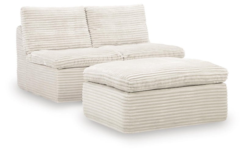 Canefield 3-Piece Armless Chairs with Ottoman Set, Ivory
