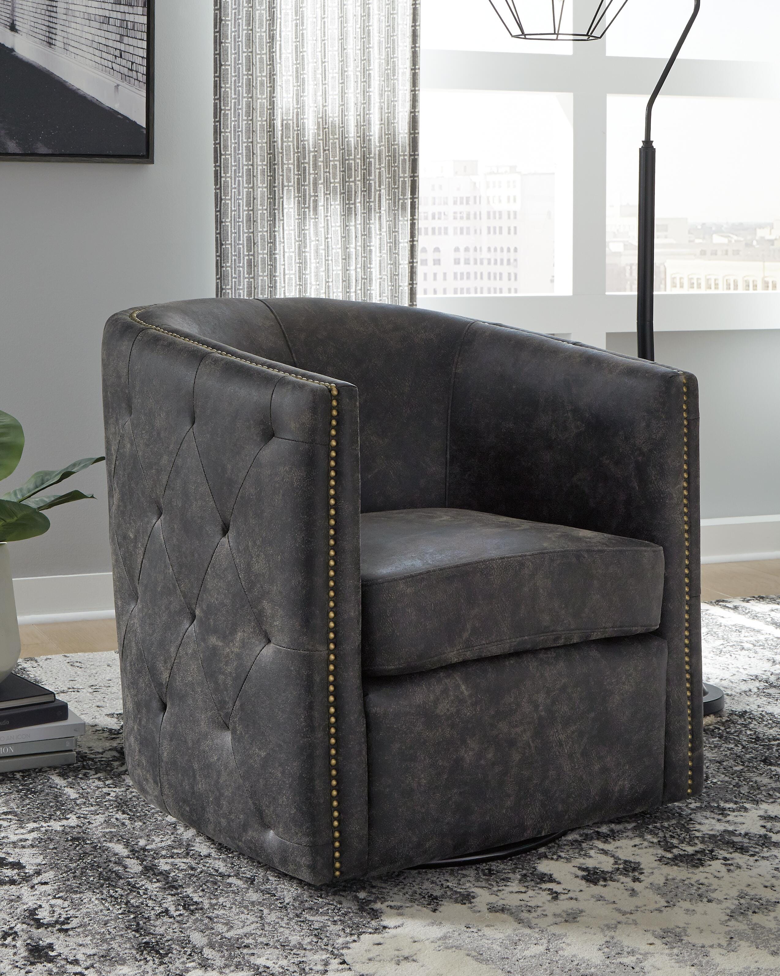 Brentlow Swivel Accent Chair, Distressed Black, rollover
