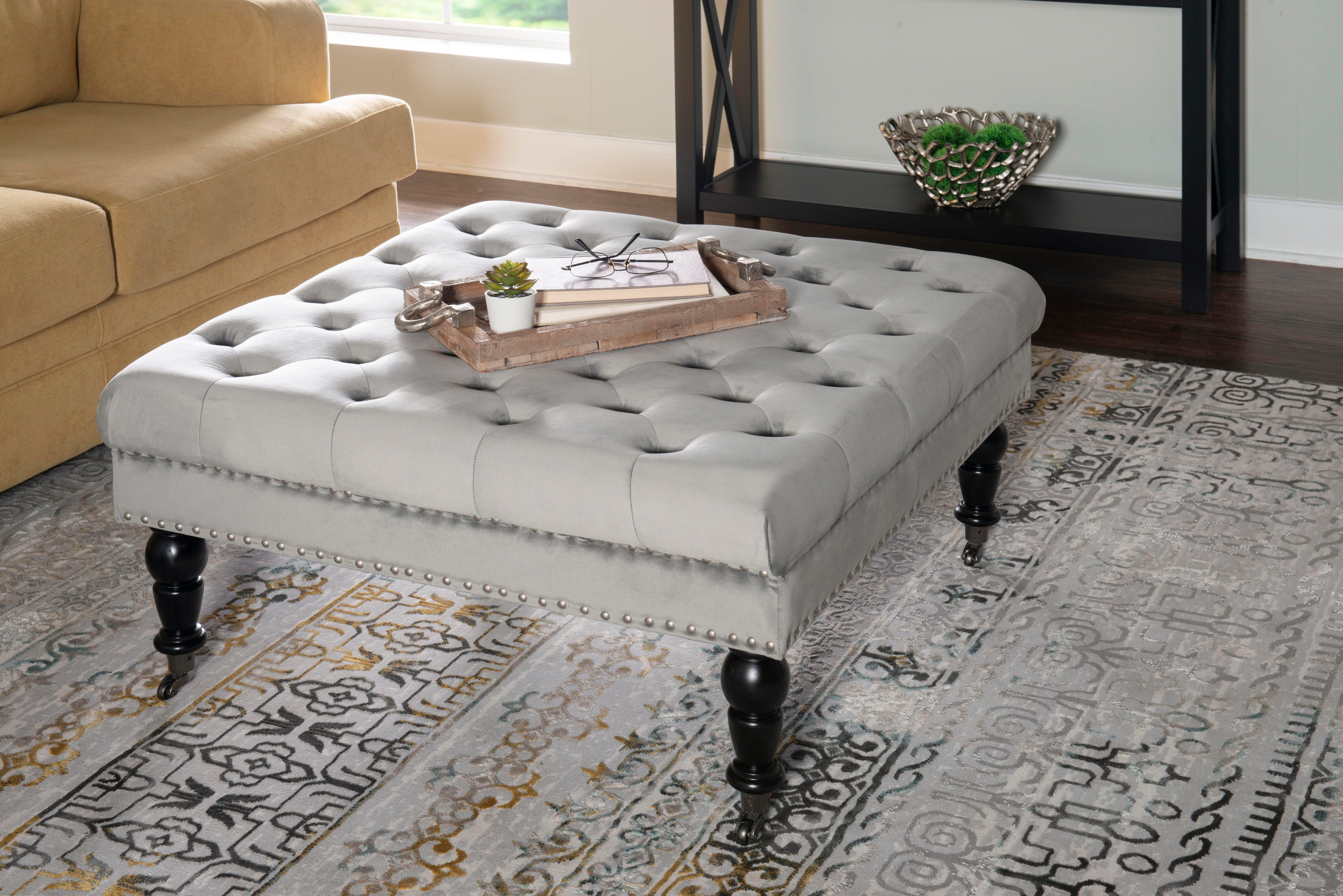 Linon Isabelle Square Tufted Ottoman, Gray, rollover