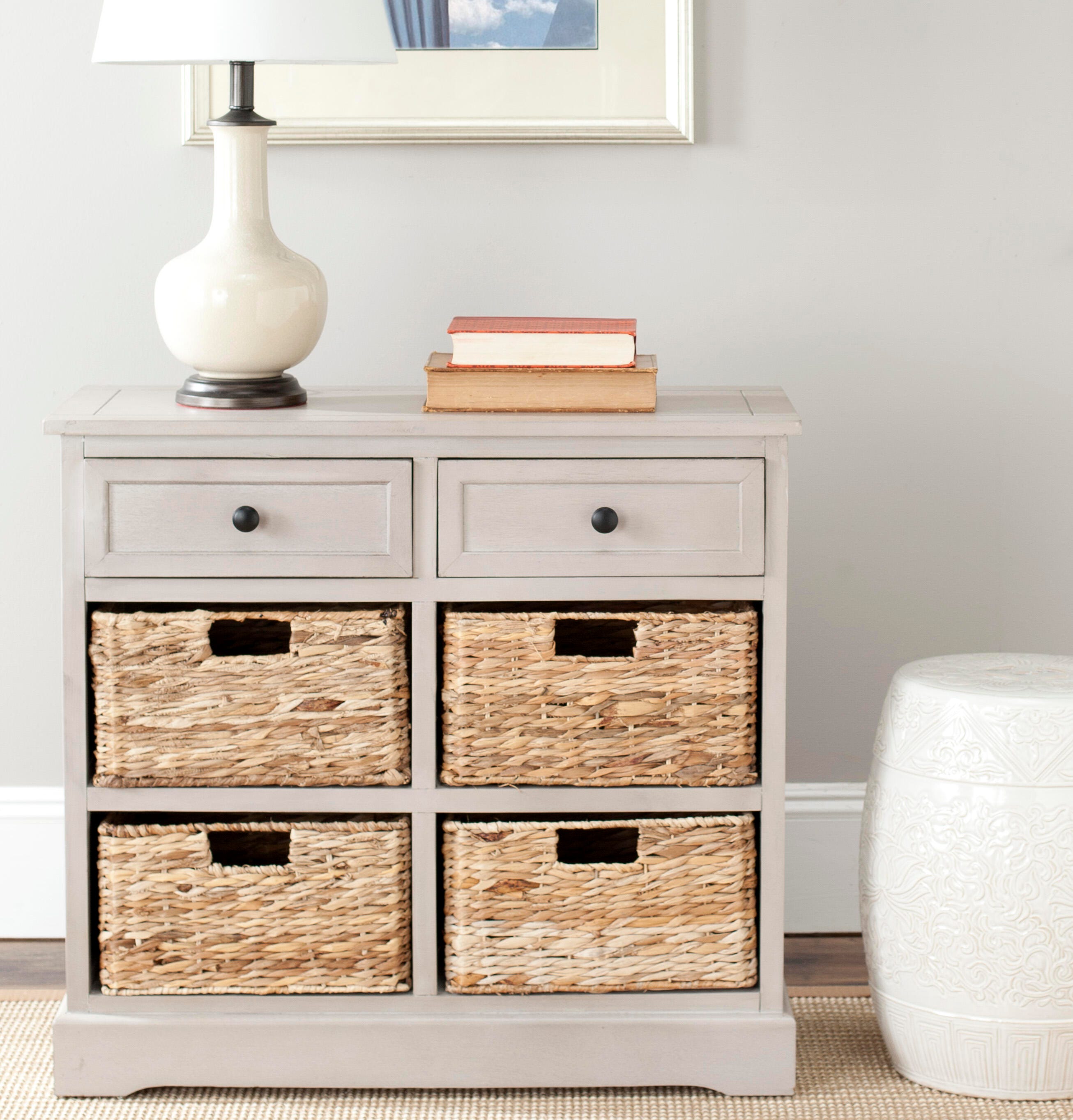 Safavieh Herman Storage Unit with Wicker Baskets, Vintage Gray, large