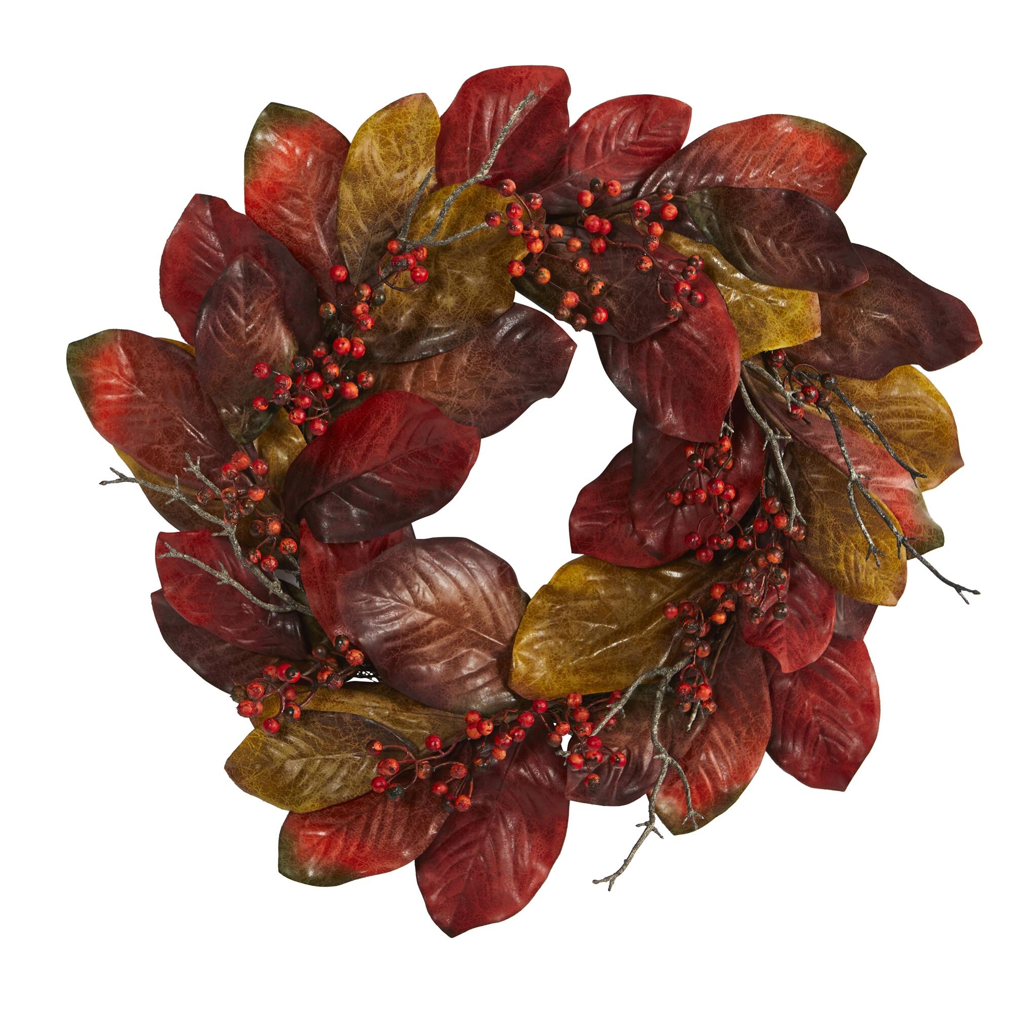 Harvest 24" Harvest Magnolia Leaf and Berries Artificial Wreath, , large