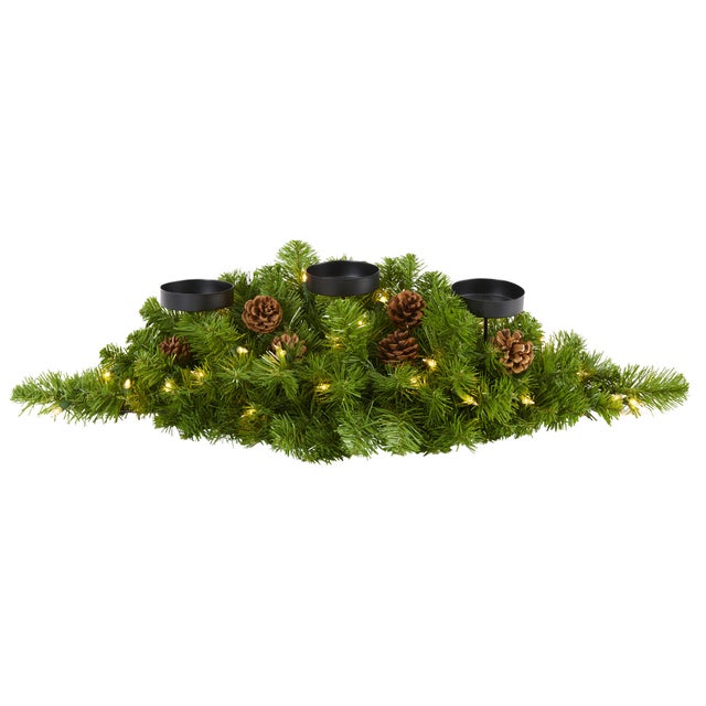 Christmas 30" Christmas Artificial Pine Triple Candelabrum with 35 Clear Lights and Pine Cones