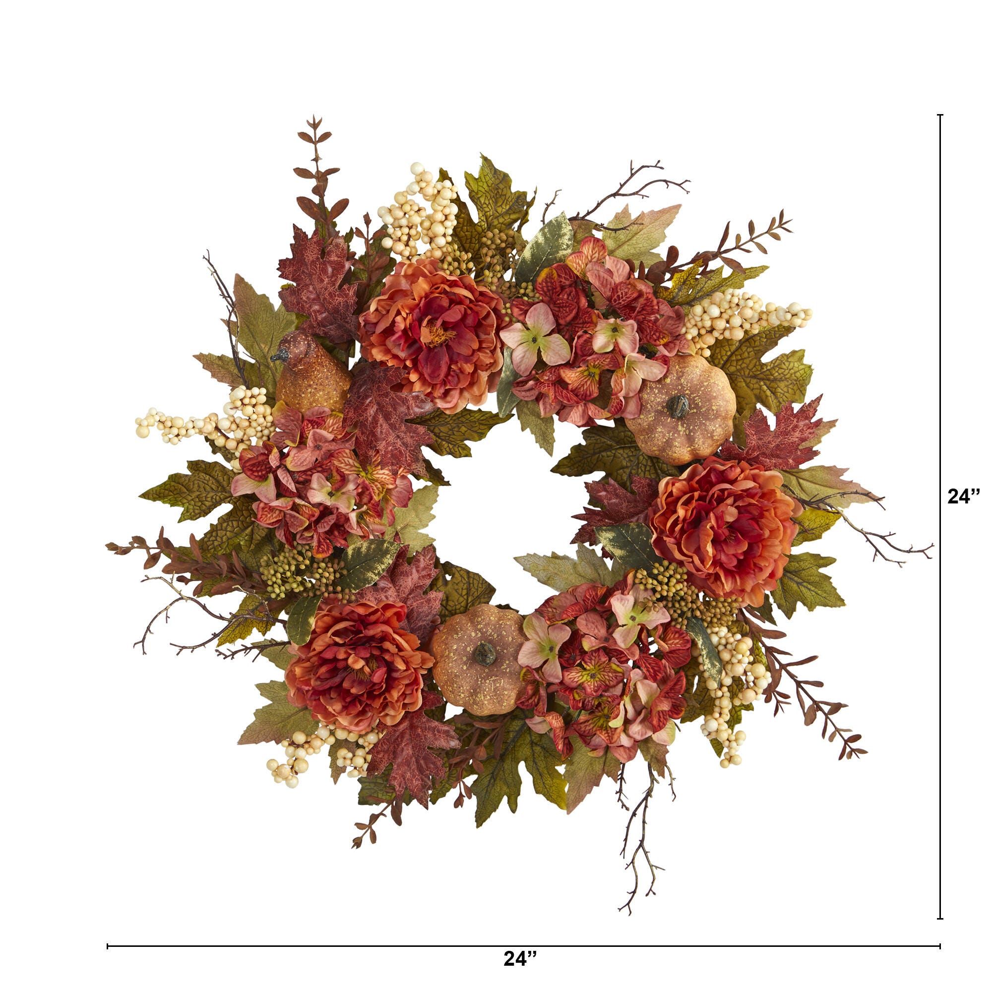 Harvest 24" Peony, Hydrangea and Pumpkin Fall Artificial Wreath, , large