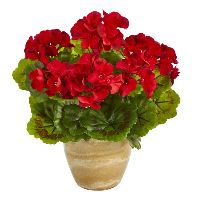 Sterling 11" Geranium Artificial Plant in Ceramic Planter UV Resistant (Indoor/Outdoor)