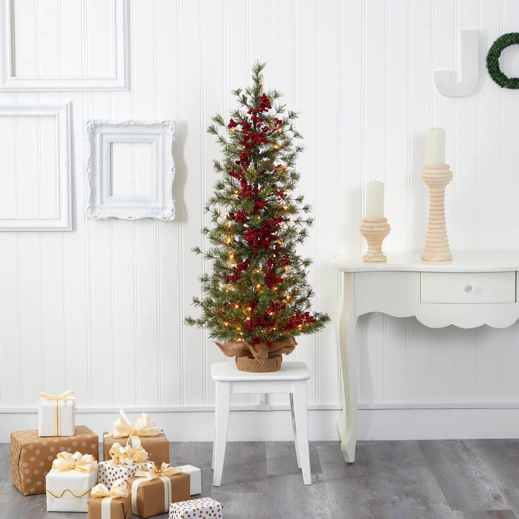 Sterling 4' Berry and Pine Artificial Christmas Tree with 100 Warm White Lights and Burlap Wrapped Base, , rollover