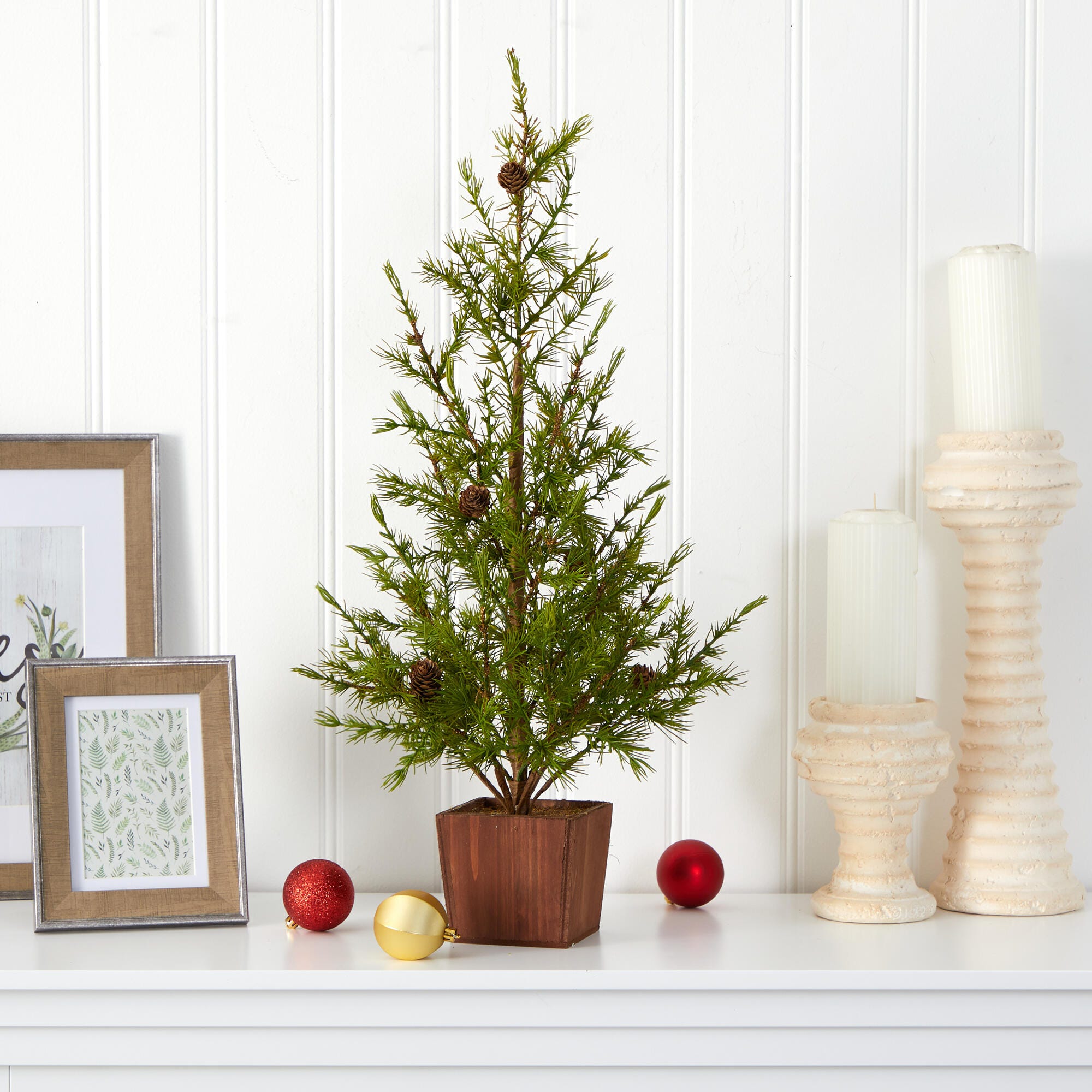 Sterling 28" Alpine &ldquo;Natural Look" Artificial Christmas Tree in Wood Planter with Pine Cones, , rollover