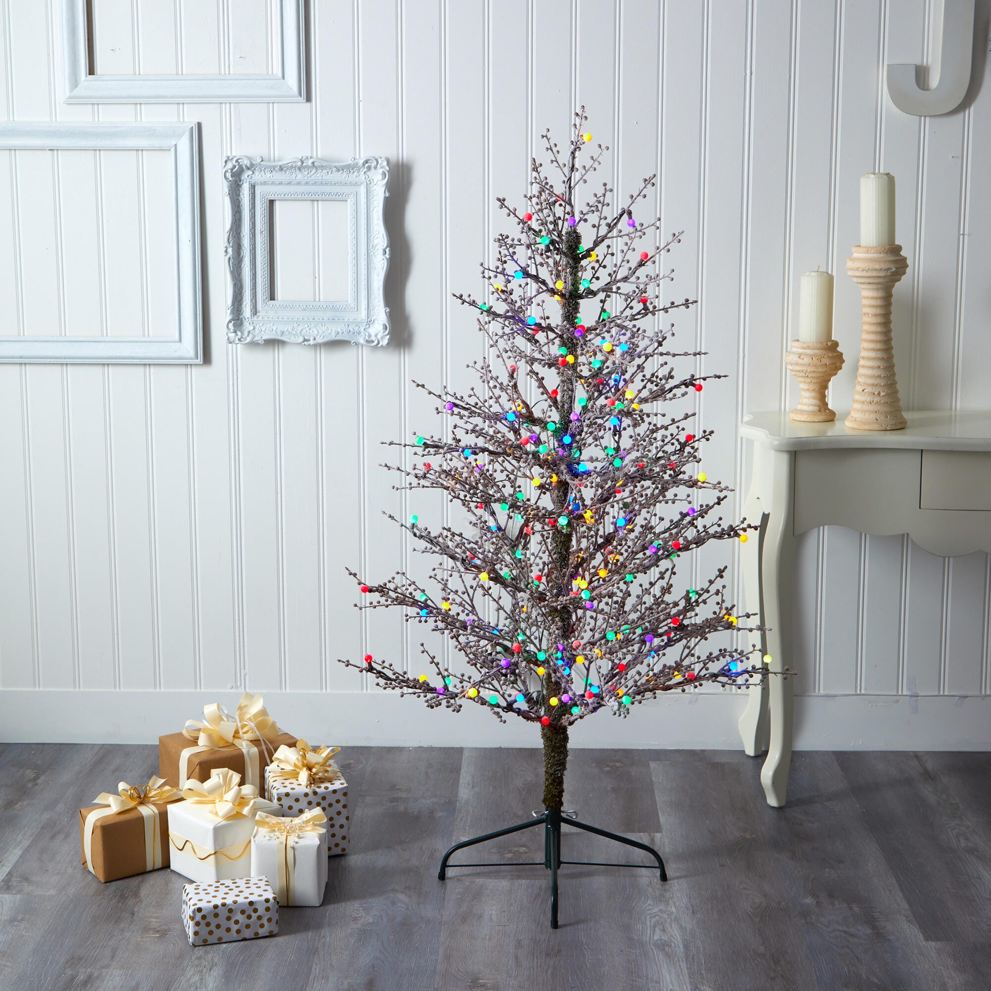 Sterling 5' Frosted Berry Twig Artificial Christmas Tree with 200 Multicolored Gum Ball LED Lights and 386 Bendable Branches, , rollover
