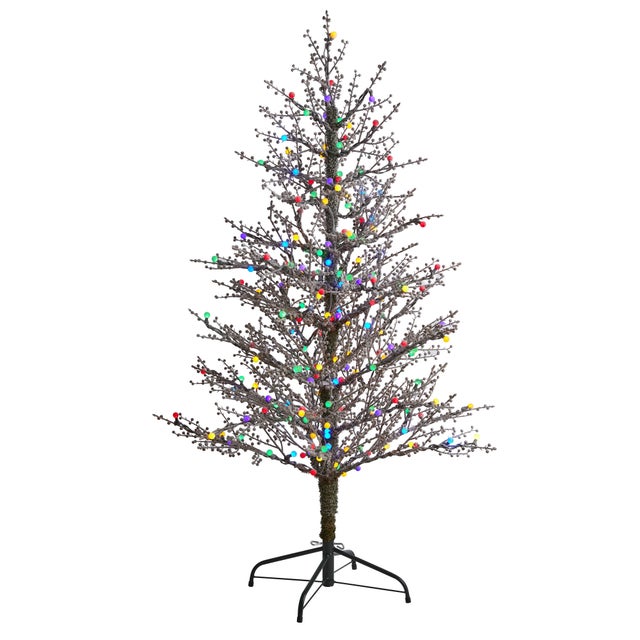 Sterling 5' Frosted Berry Twig Artificial Christmas Tree with 200 Multicolored Gum Ball LED Lights and 386 Bendable Branches, Brown