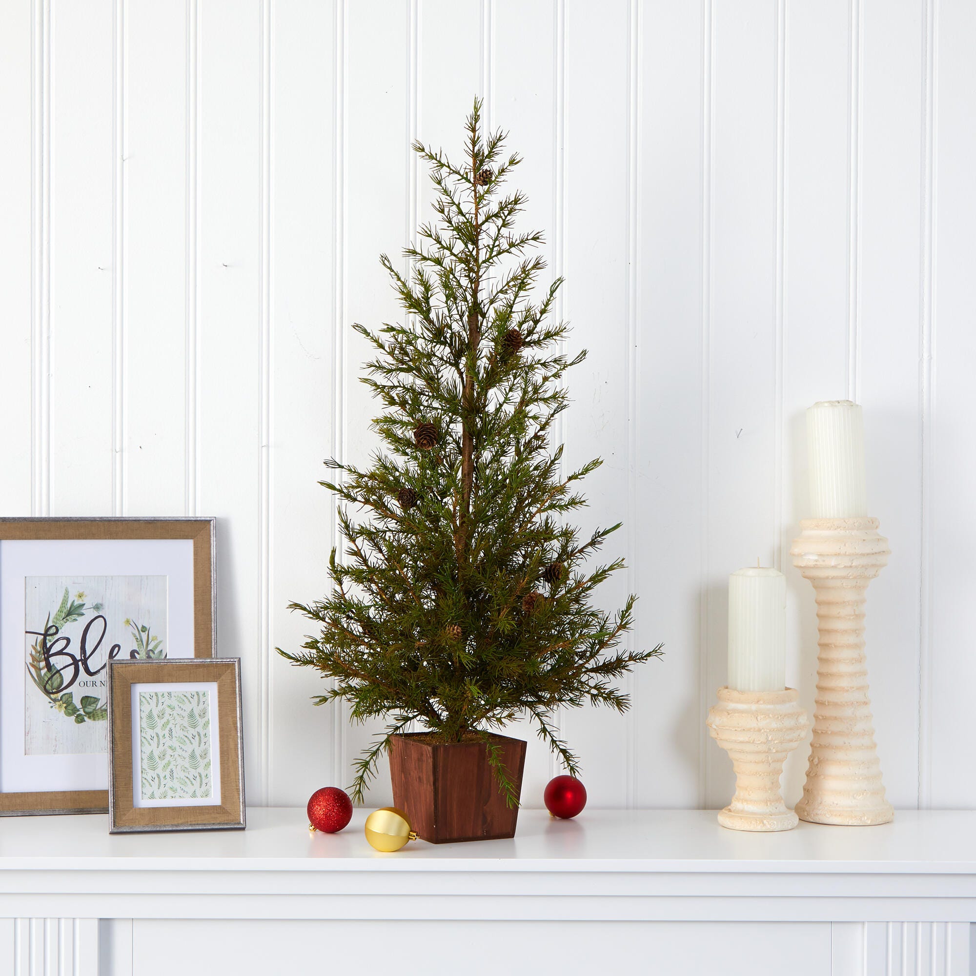 Sterling 3' Alpine &ldquo;Natural Look" Artificial Christmas Tree in Wood Planter with Pine Cones, , rollover