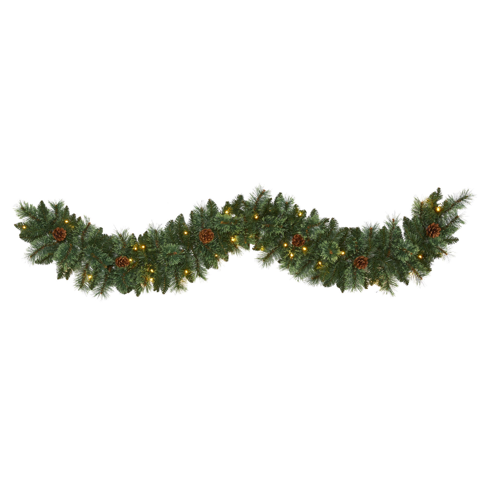 Sterling 6' White Mountain Pine Artificial Garland with 35 White Warm LED Lights and Pinecones, , large
