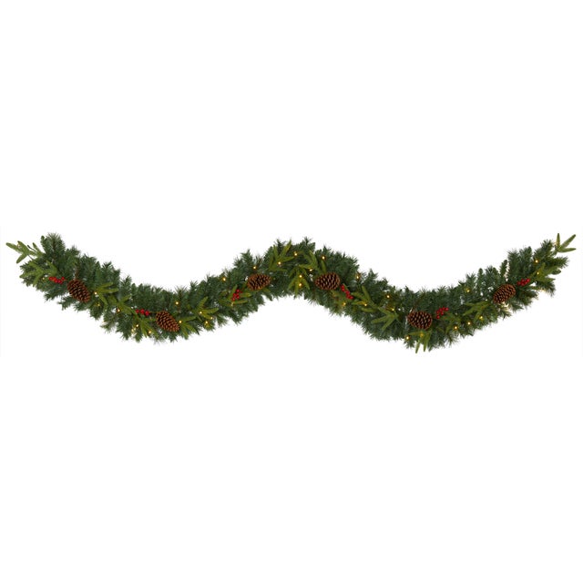 Sterling 9' Mixed Pine Artificial Christmas Garland with 50 Clear LED Lights, Berries and Pinecones, Green