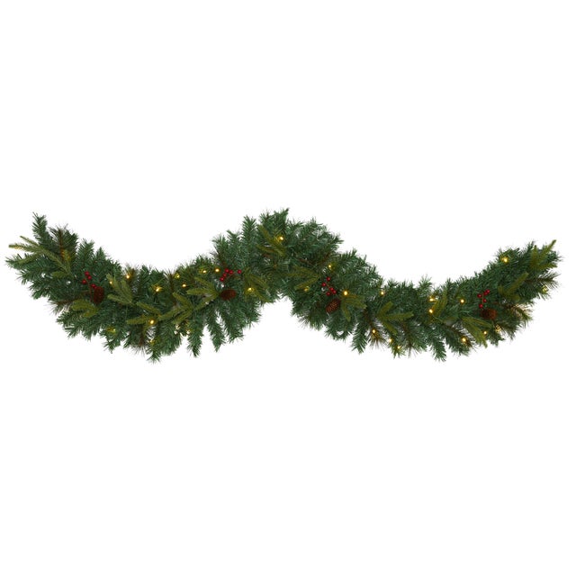 Sterling 6' Mixed Pine Artificial Christmas Garland with 35 Clear LED Lights, Berries and Pinecones, Green