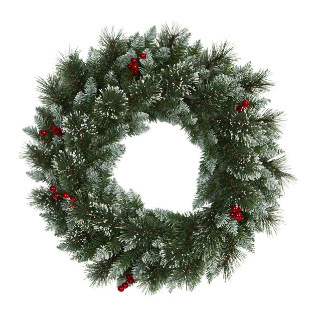 Sterling 24" Frosted Swiss Pine Artificial Wreath with 35 Clear LED Lights and Berries