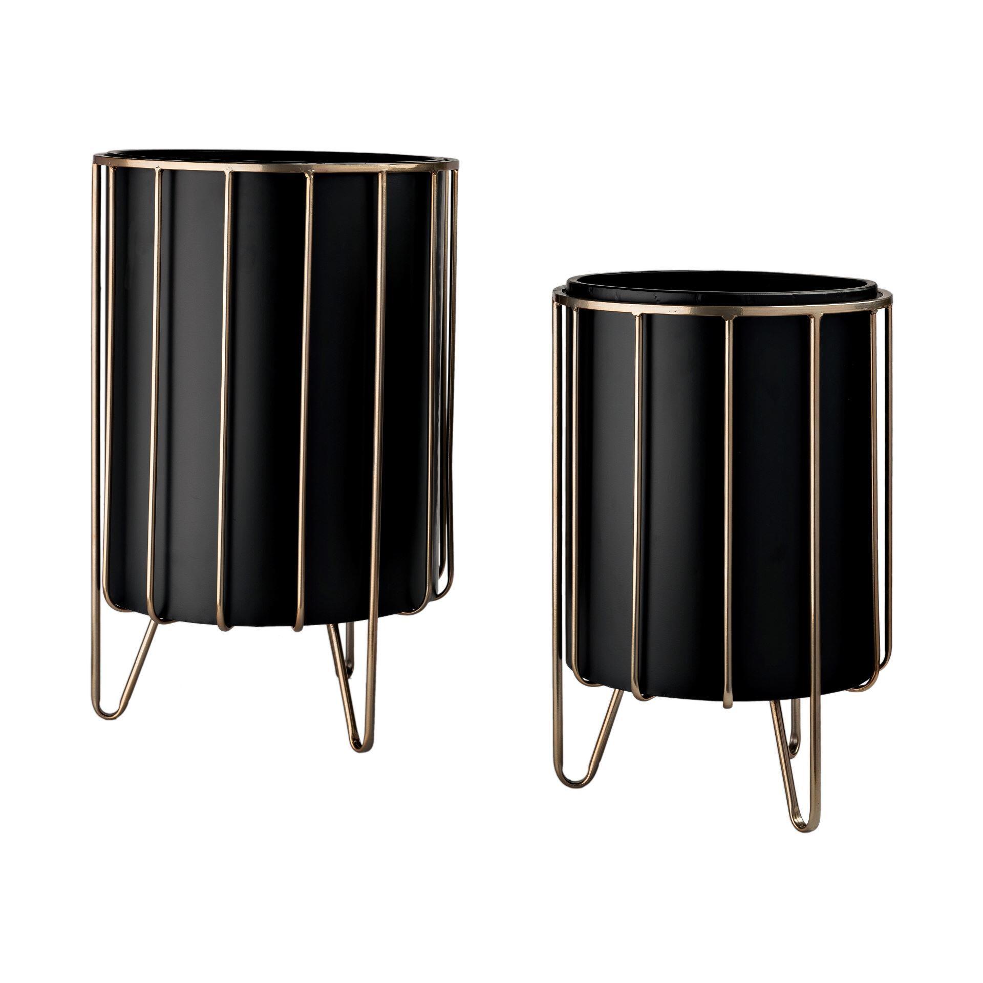 Mercana 12.8 x 20.9 Set of Two Black Metal Insert Brass Frame Plant Stands, , large