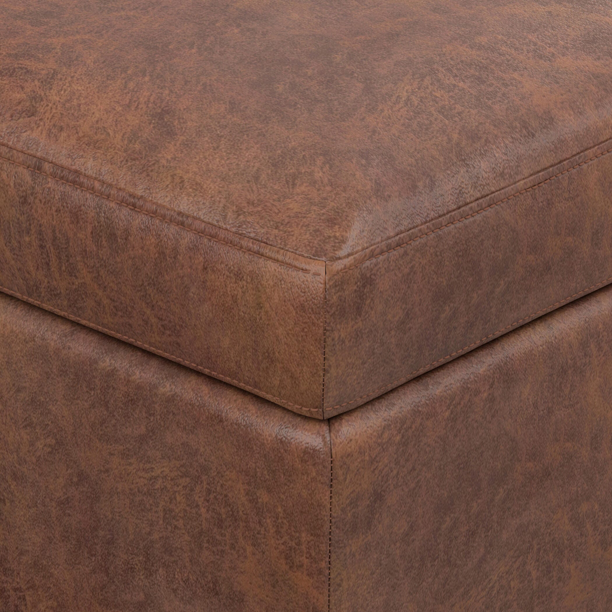 Simpli Home Owen Brown Faux Air Leather Modern Storage Ottoman, Distressed Saddle Brown, large