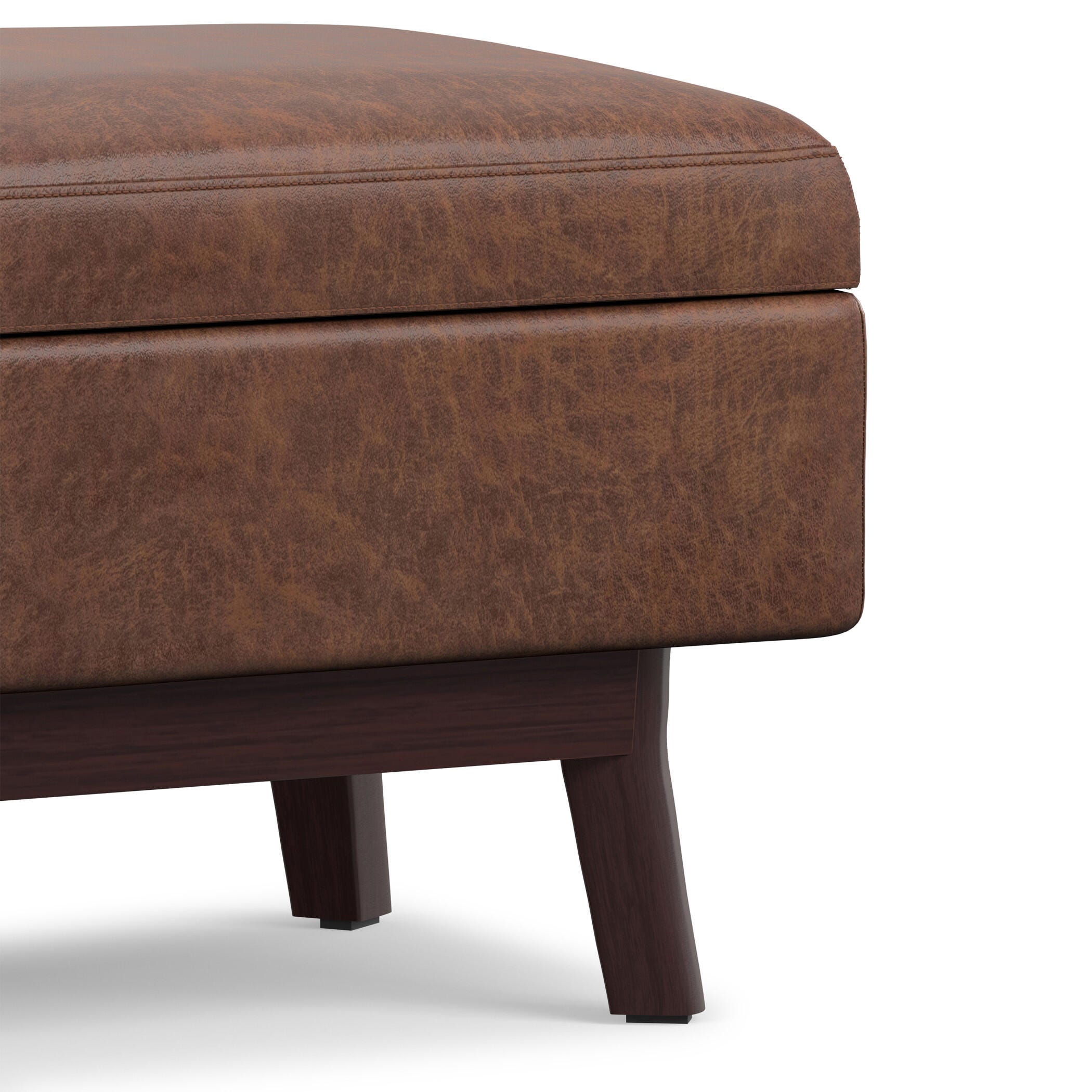 Simpli Home Owen Brown Faux Air Leather Modern Storage Ottoman, Distressed Saddle Brown, large
