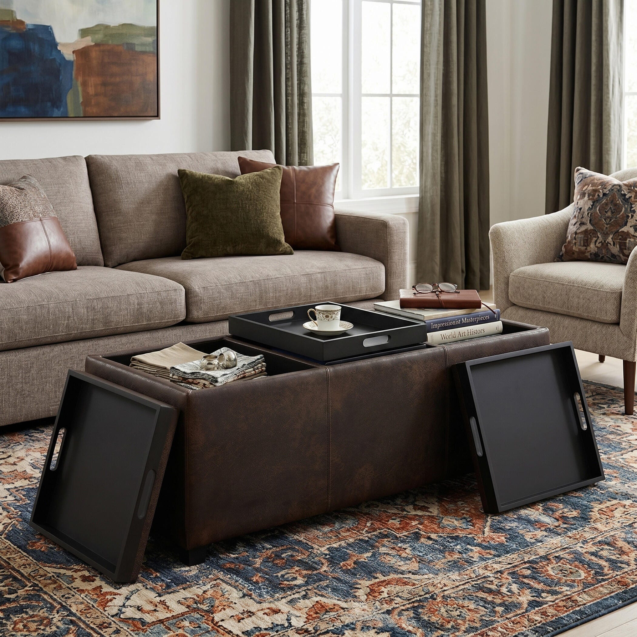 Avalon Brown Faux Air Leather Storage Ottoman, Distressed Brown, large