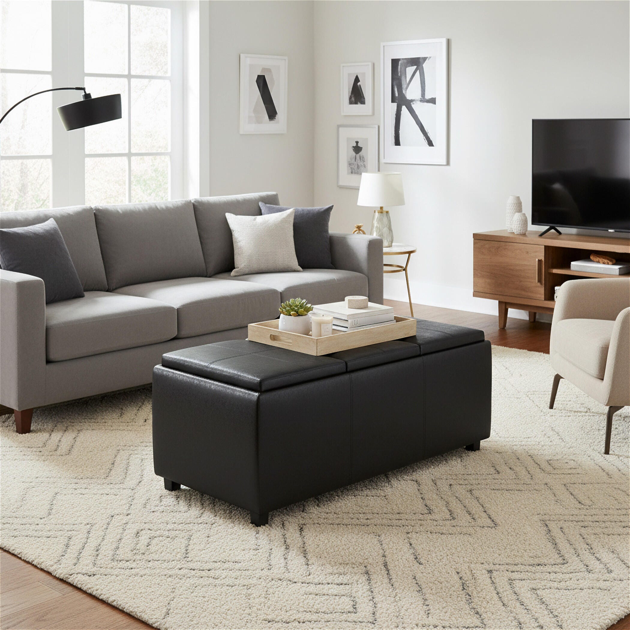 Avalon Black Faux Air Leather Storage Ottoman, Black, large