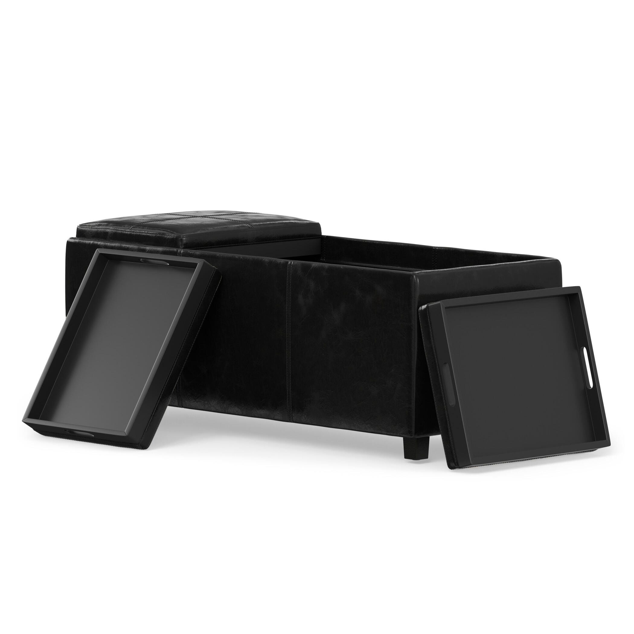 Avalon Black Faux Air Leather Storage Ottoman, Black, large