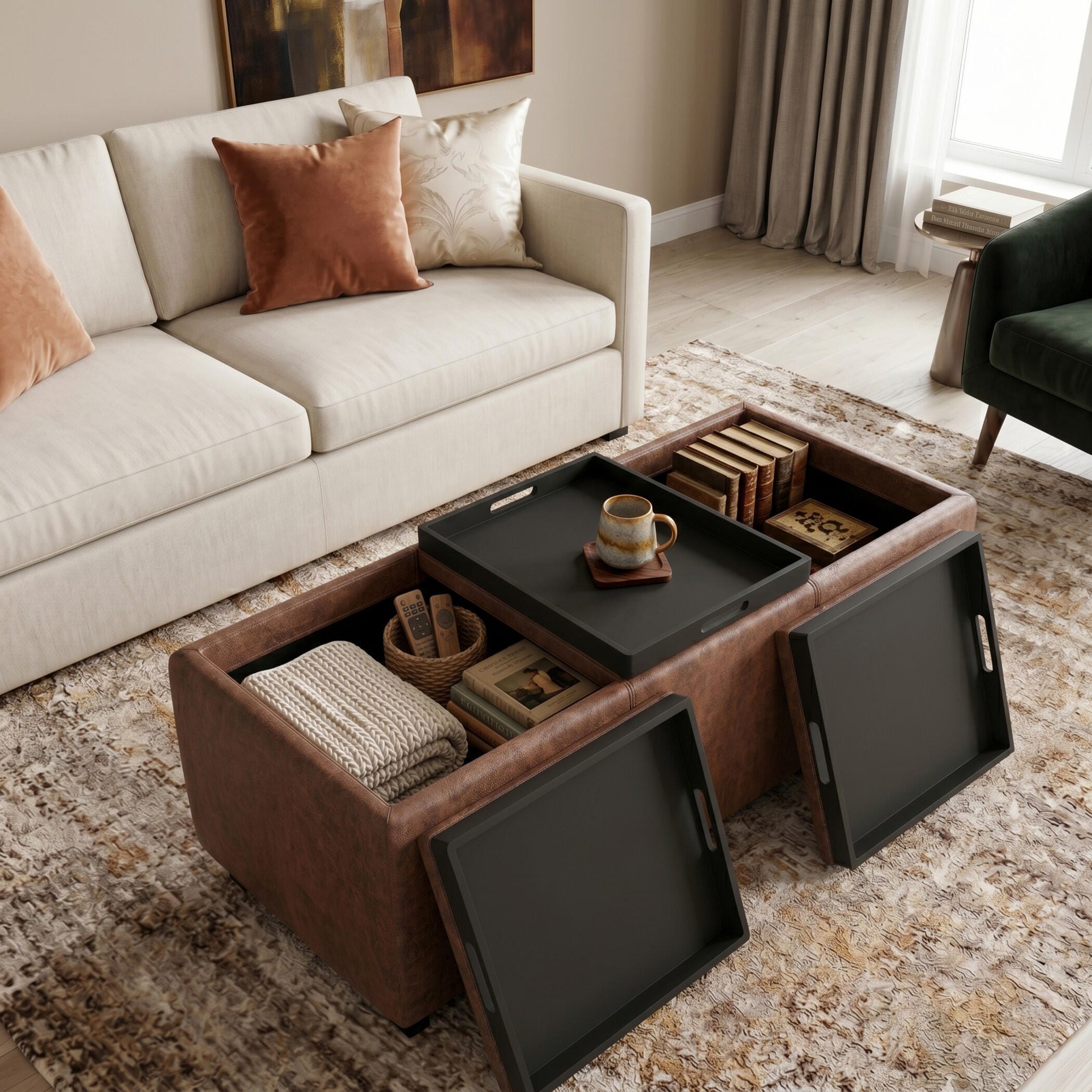 Avalon Brown Faux Air Leather Storage Ottoman, Brown, large