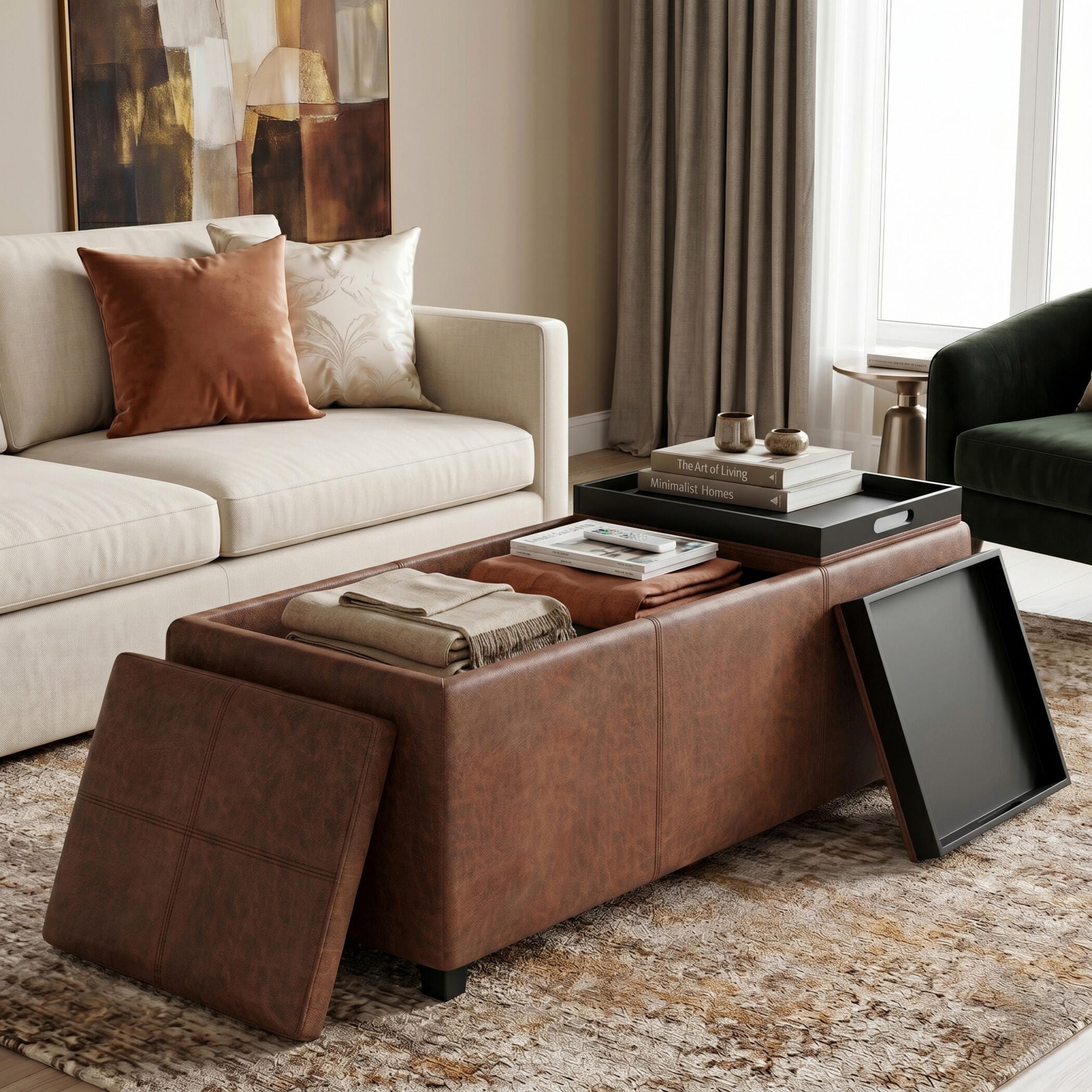 Avalon Brown Faux Air Leather Storage Ottoman, Brown, large