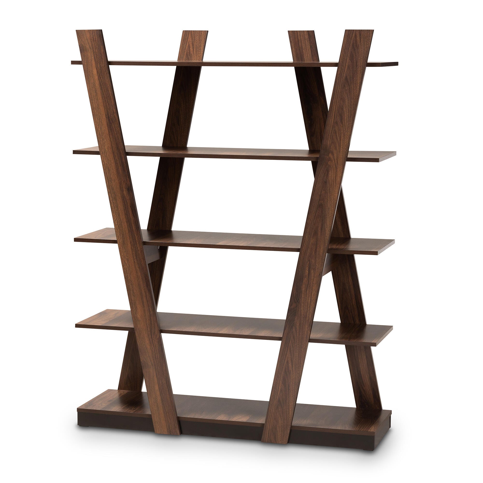 Baxton Studio Michio 5-Tier Walnut Brown Finish Wood Geometric Living Room Display Shelf Set, , large