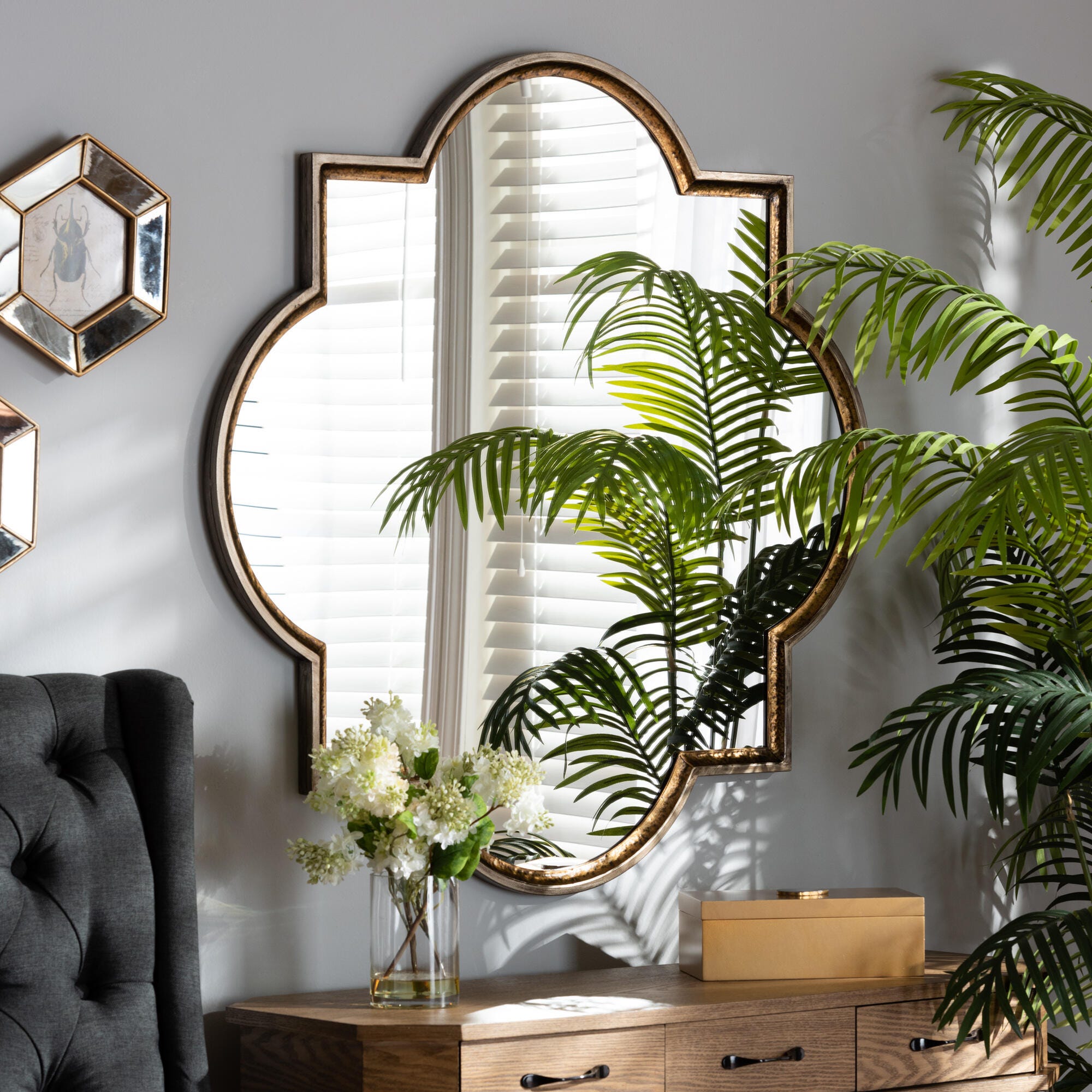 Baxton Studio Tiana Vintage Antique Bronze and Gold Finished Metal Quatrefoil Accent Wall Mirror, , rollover