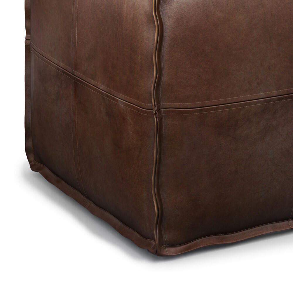 Simpli Home Brody Brody Transitional Square Pouf in Distressed Dark Brown Faux Leather, , large
