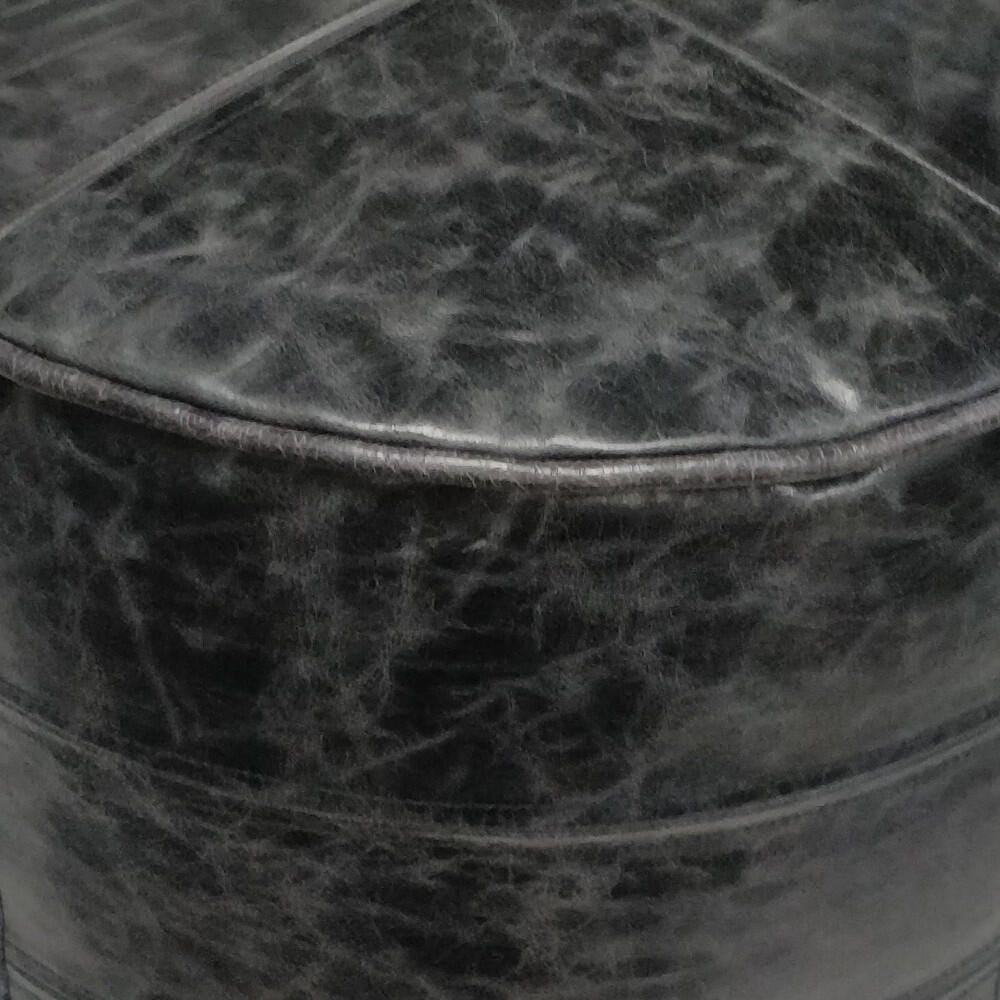 Simpli Home Connor Connor Transitional Round Pouf in Distressed Black Leather, Black, large
