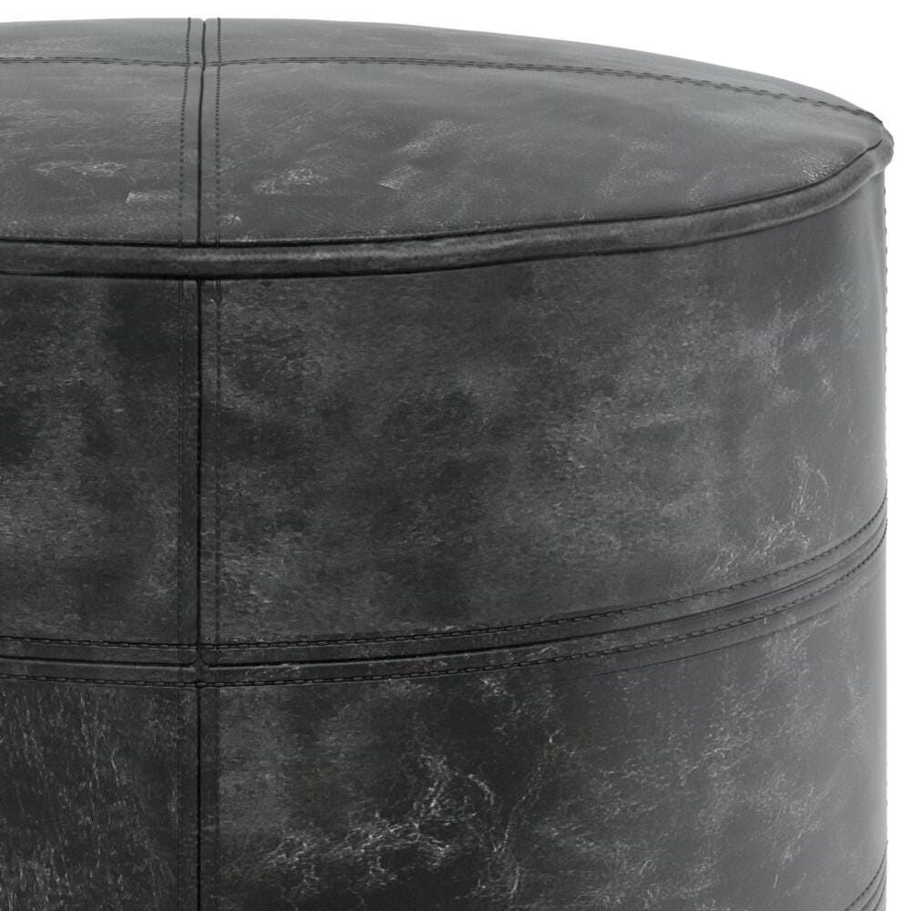 Simpli Home Connor Connor Transitional Round Pouf in Distressed Black Leather, Black, large