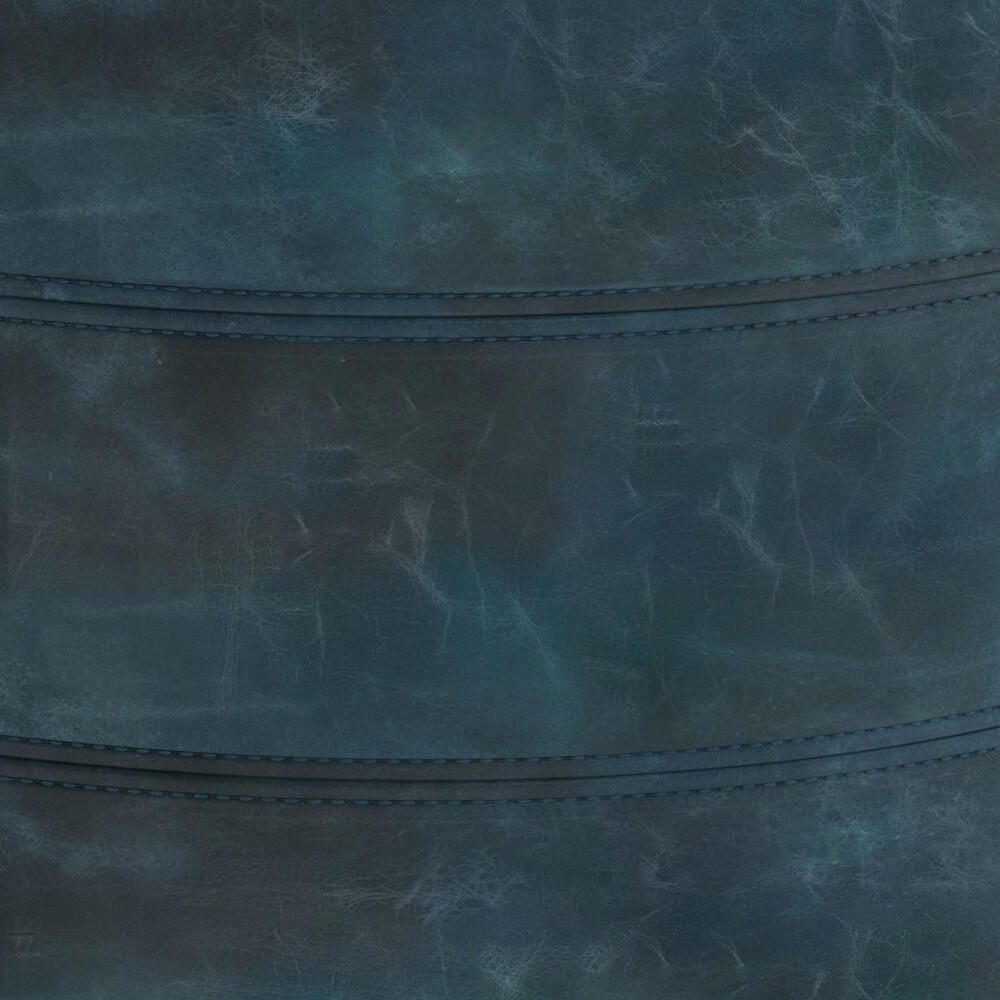 Simpli Home Connor Transitional Round Pouf in Distressed Teal Blue Leather