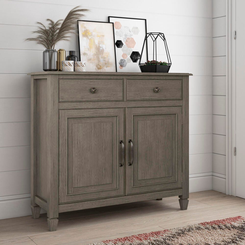 Simpli Home Connaught 40" Wide Solid Wood Traditional Entryway Storage Cabinet, Farmhouse Gray, rollover