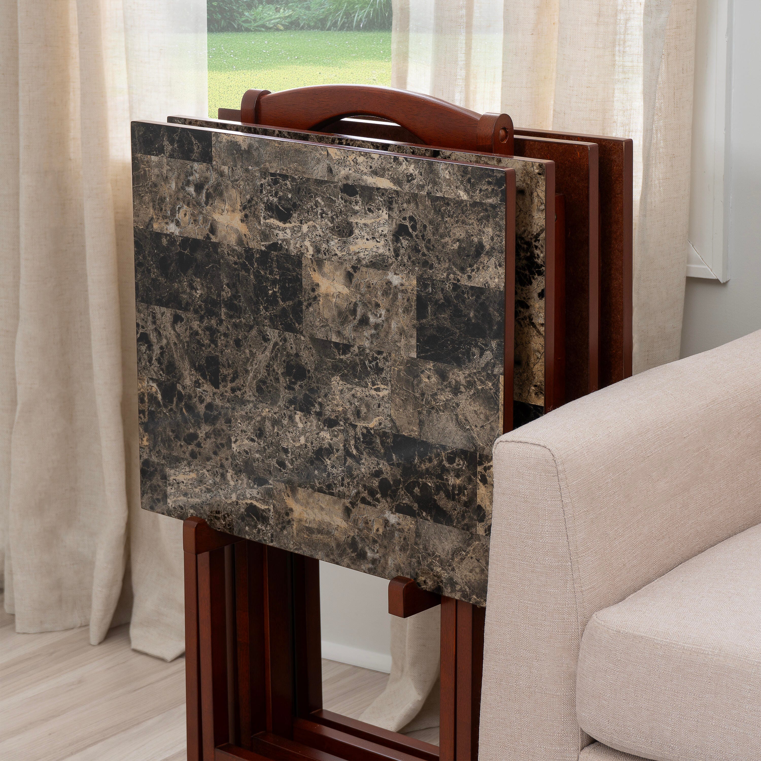 Linon Talia Tray Table Set of 4, Brown, large