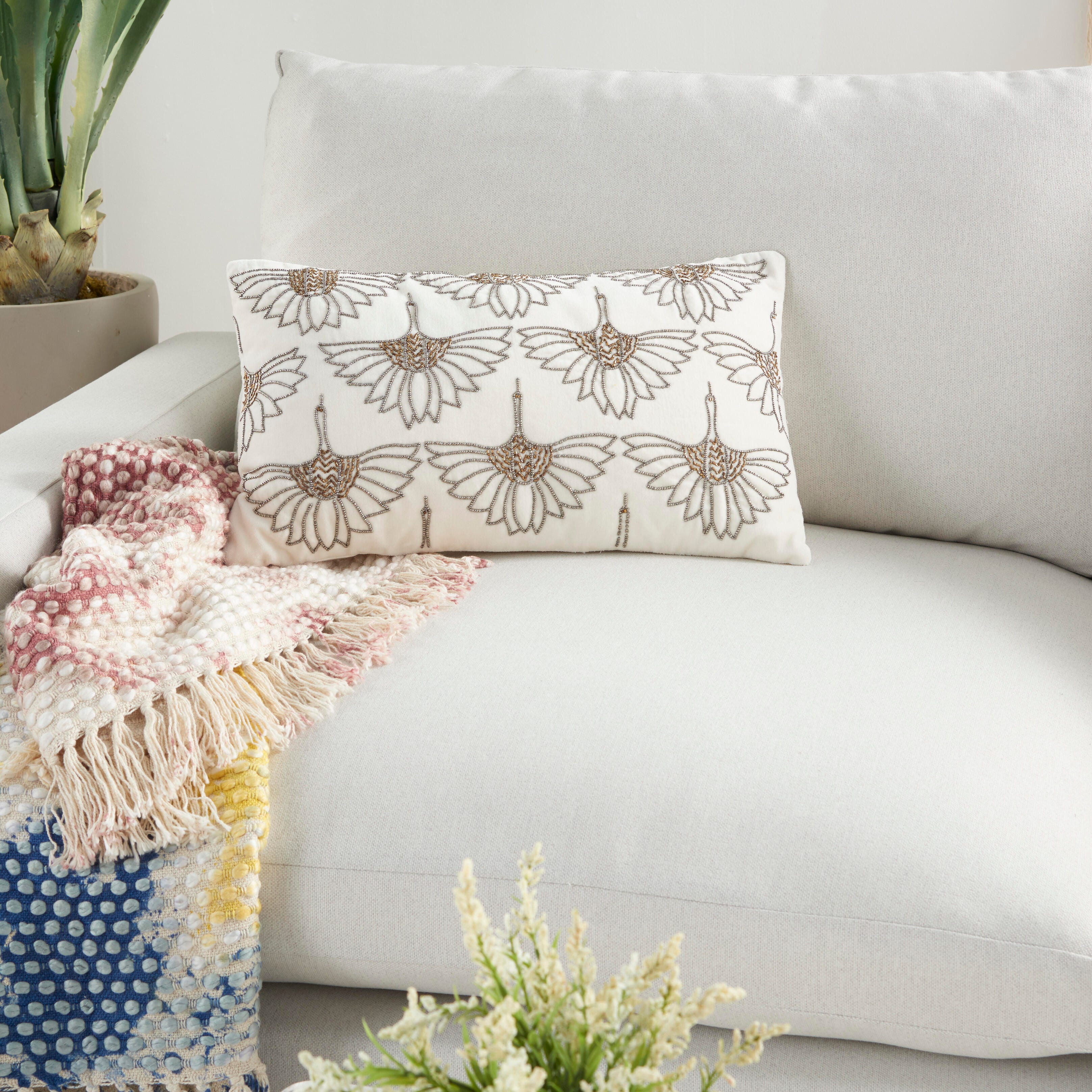Mina Victory Mina Victory Sofia Beaded Flowers 12"X20" Ivory Indoor Throw Pillow, Ivory, large