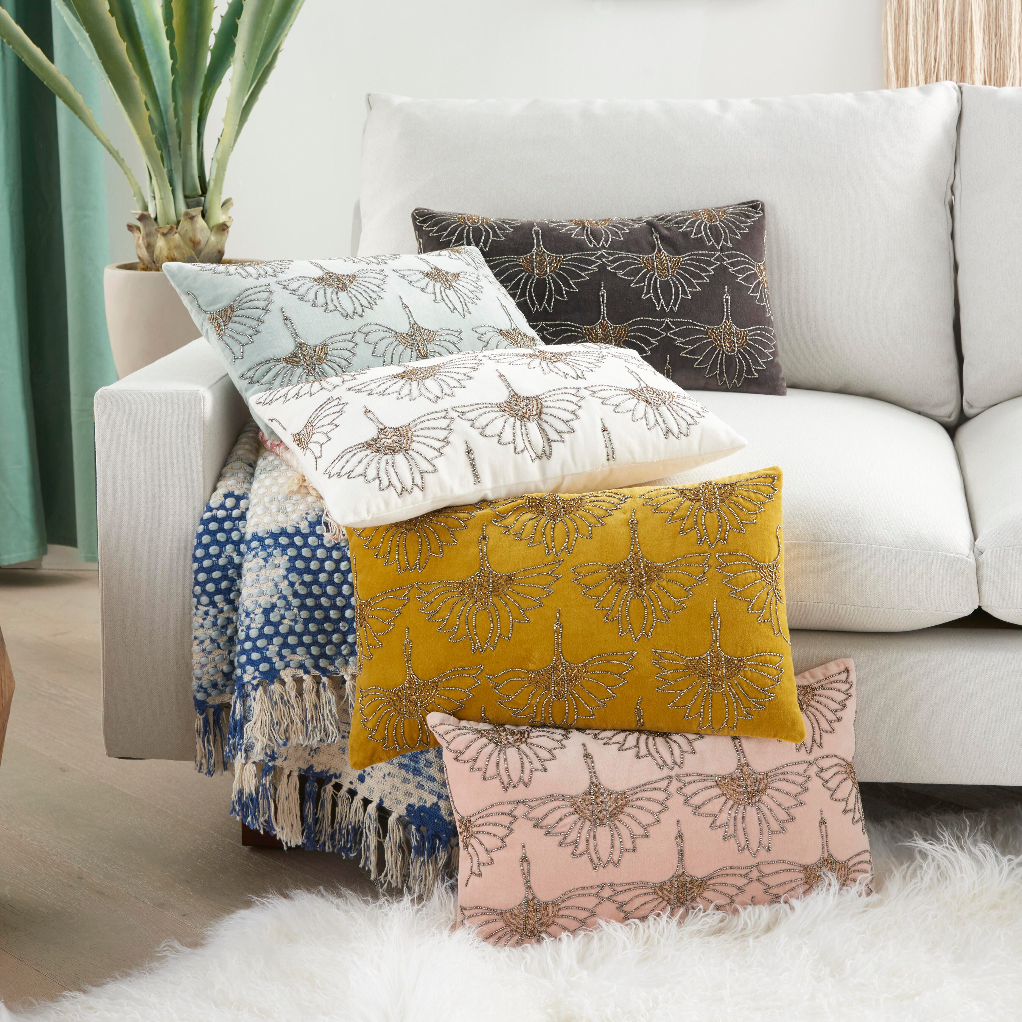 Mina Victory Mina Victory Sofia Beaded Flowers 12"X20" Ivory Indoor Throw Pillow, Ivory, large