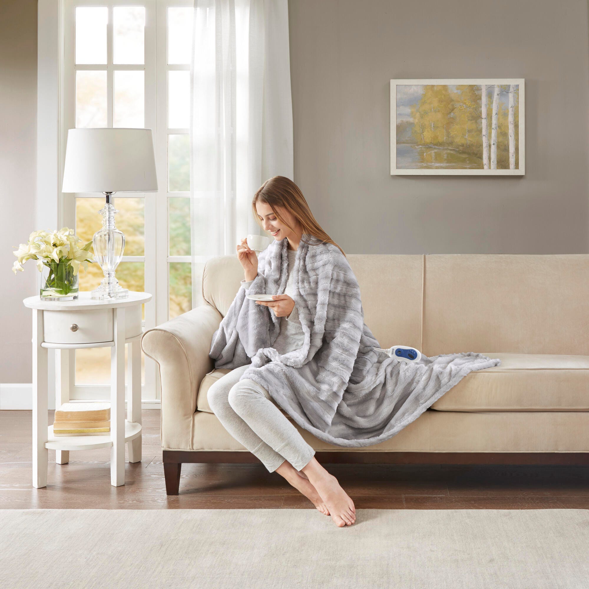 Beautyrest Oversized Faux Fur Heated Throw, Gray, rollover