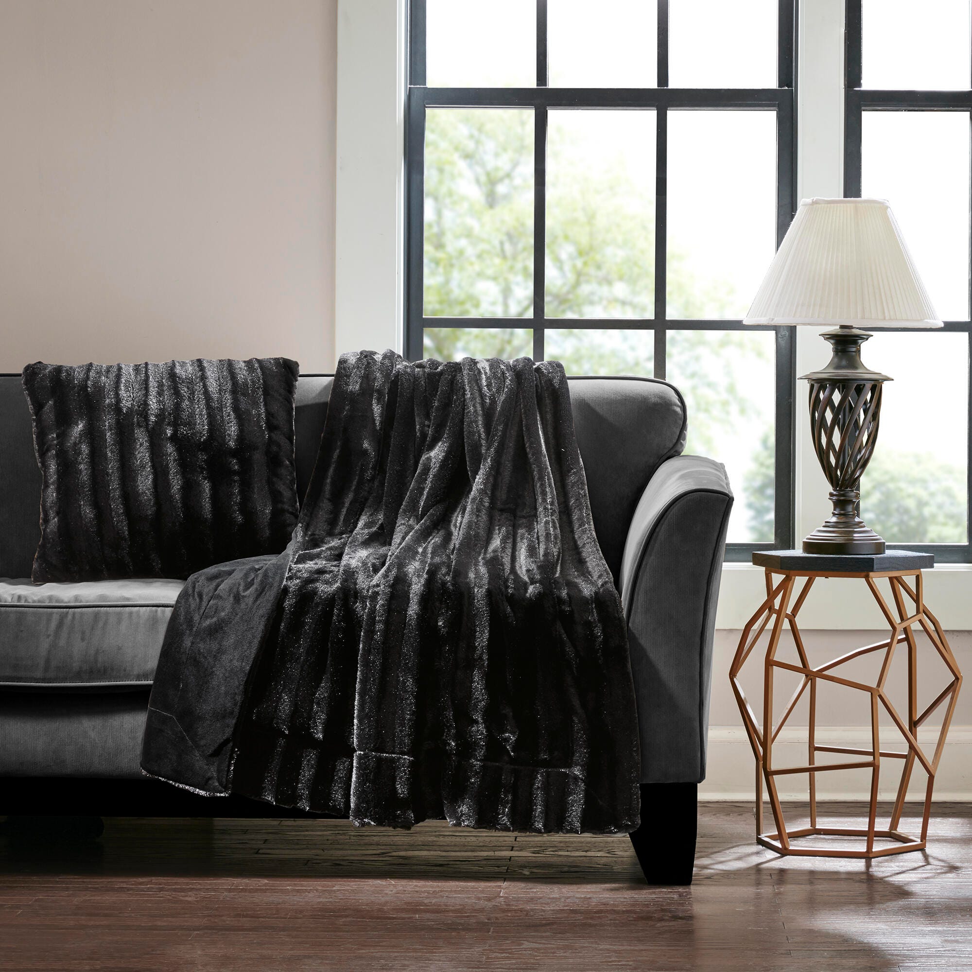 Madison Park Faux Fur Throw Pillow, Black, large