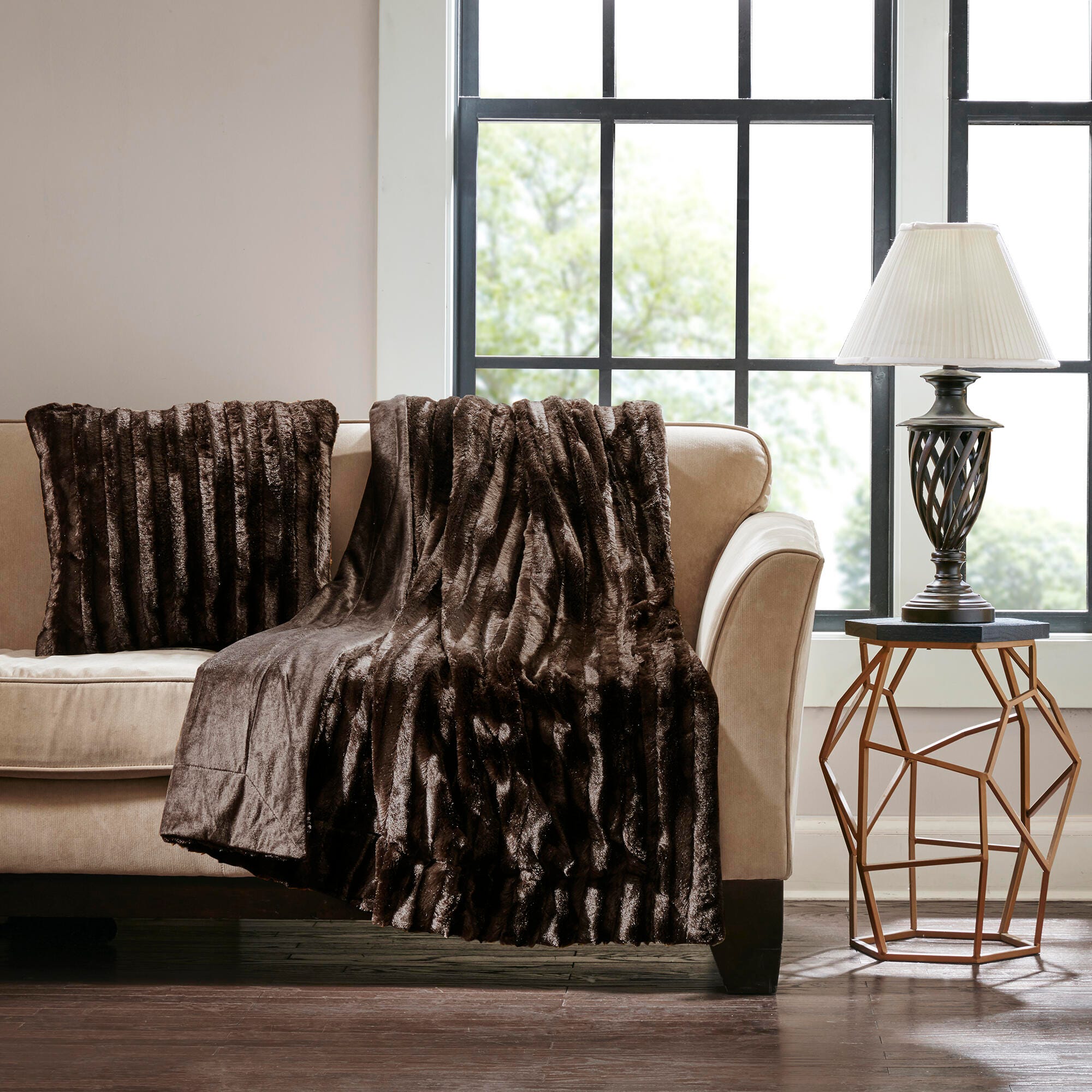 Madison Park Faux Fur Throw Pillow, Brown, large