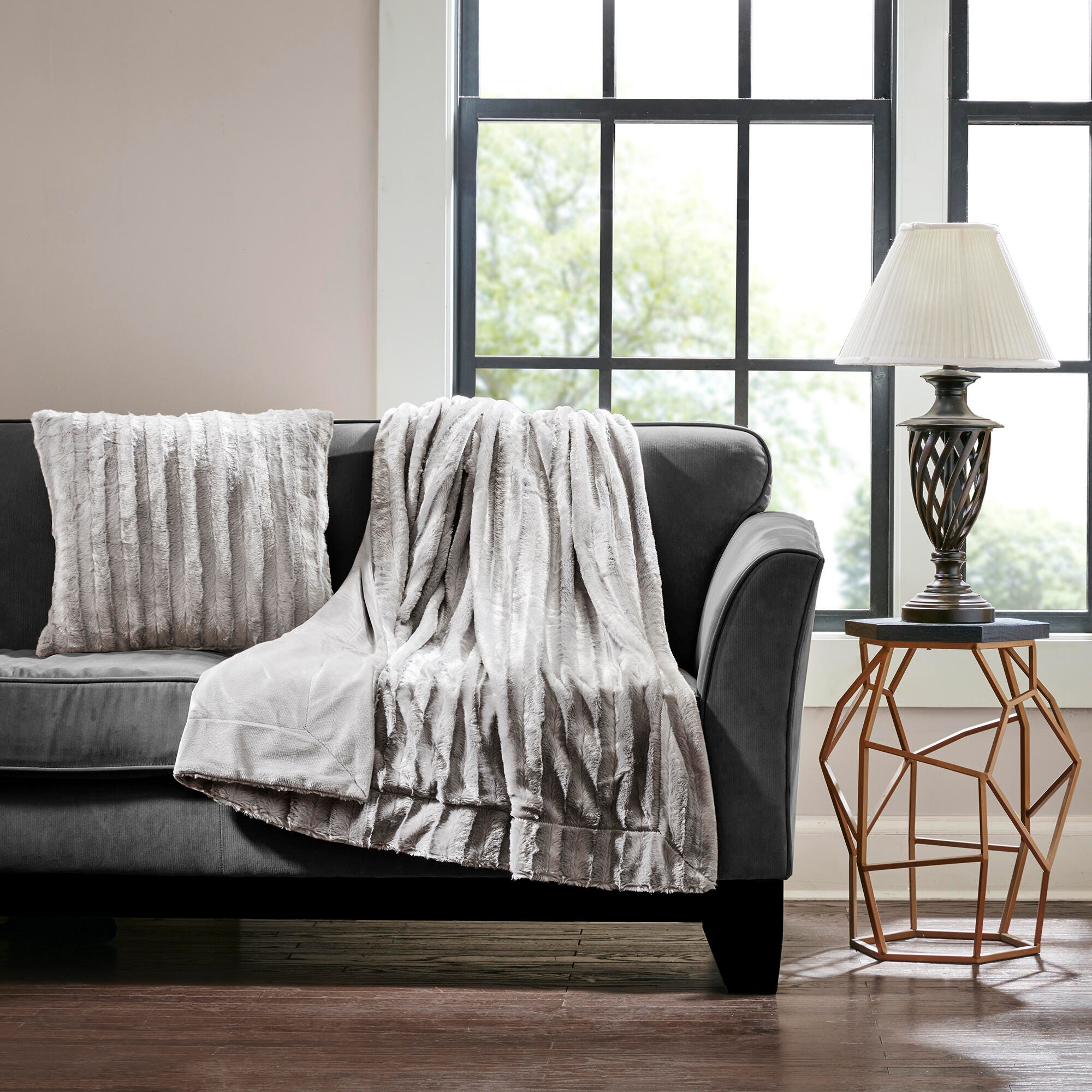 Madison Park Faux Fur Throw Pillow, Gray, large