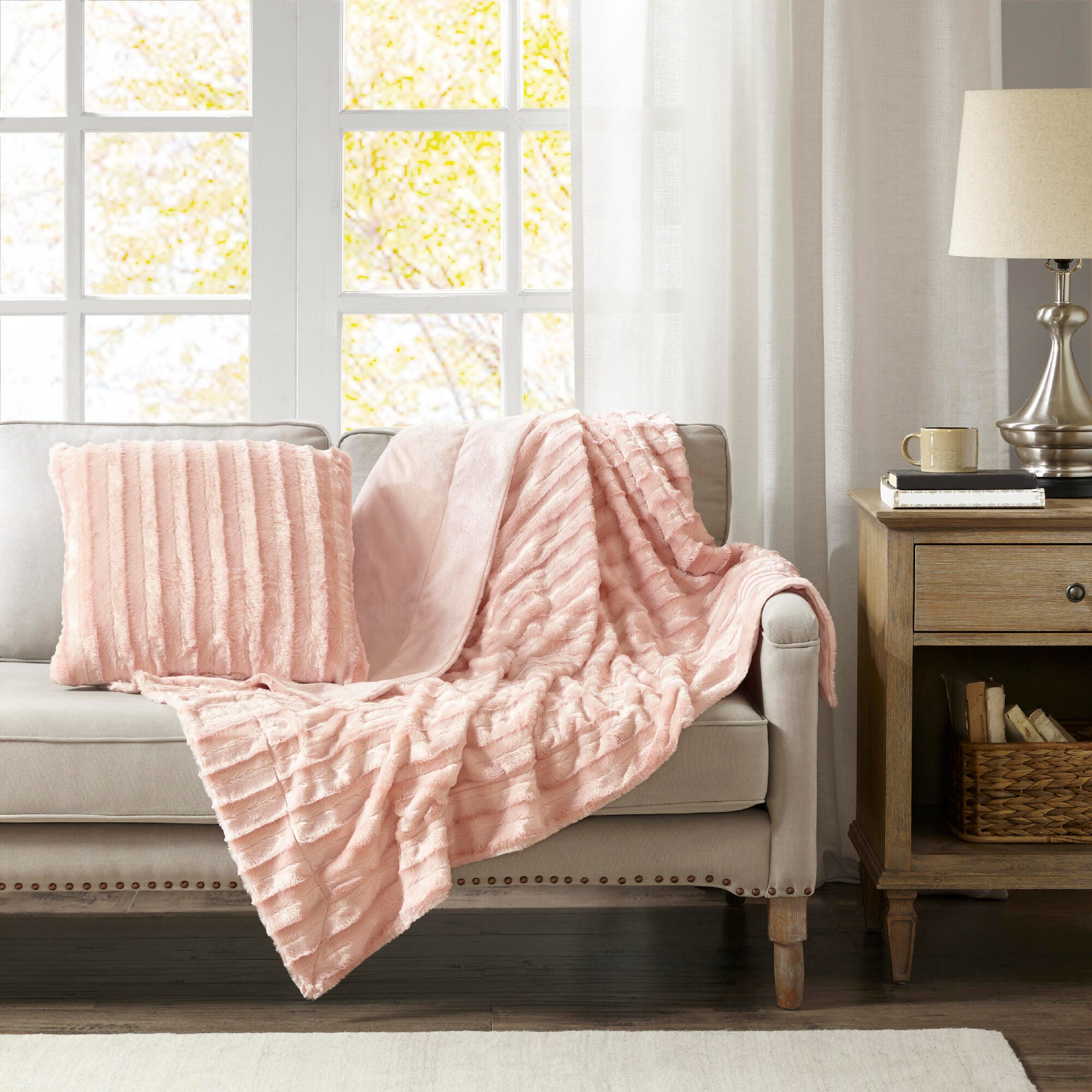 Madison Park Faux Fur Throw Pillow, Blush, large