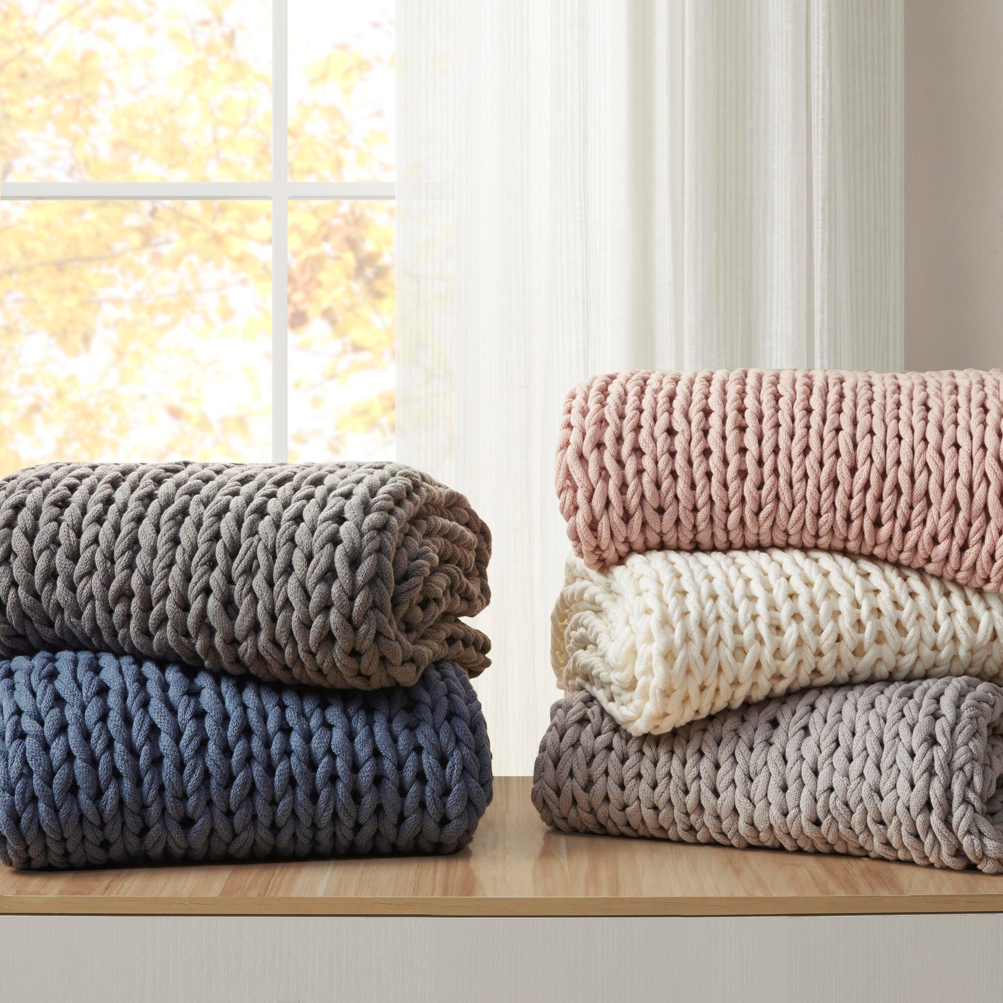 Madison Park Chunky Double Knit Handmade Throw, Ivory, large