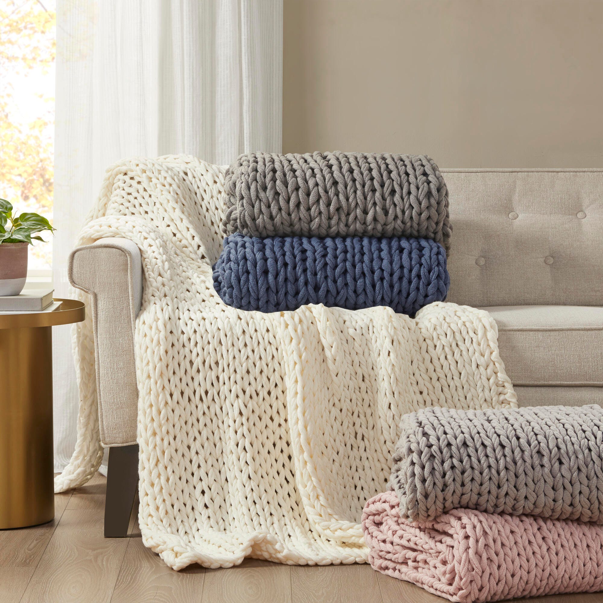 Madison Park Chunky Double Knit Handmade Throw, Blush, large