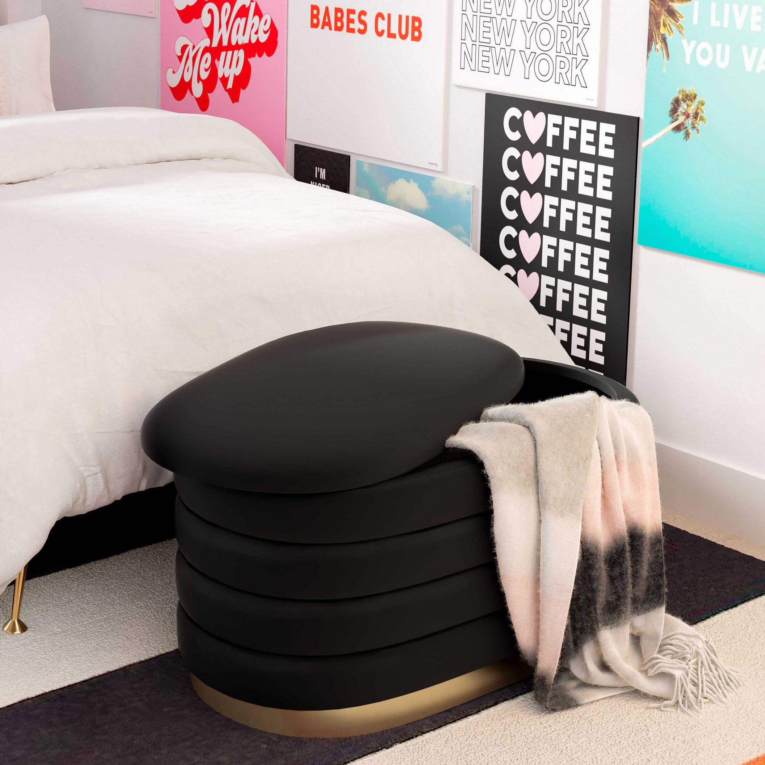 TOV Furniture Lillian Black Velvet Storage Bench, Black, large