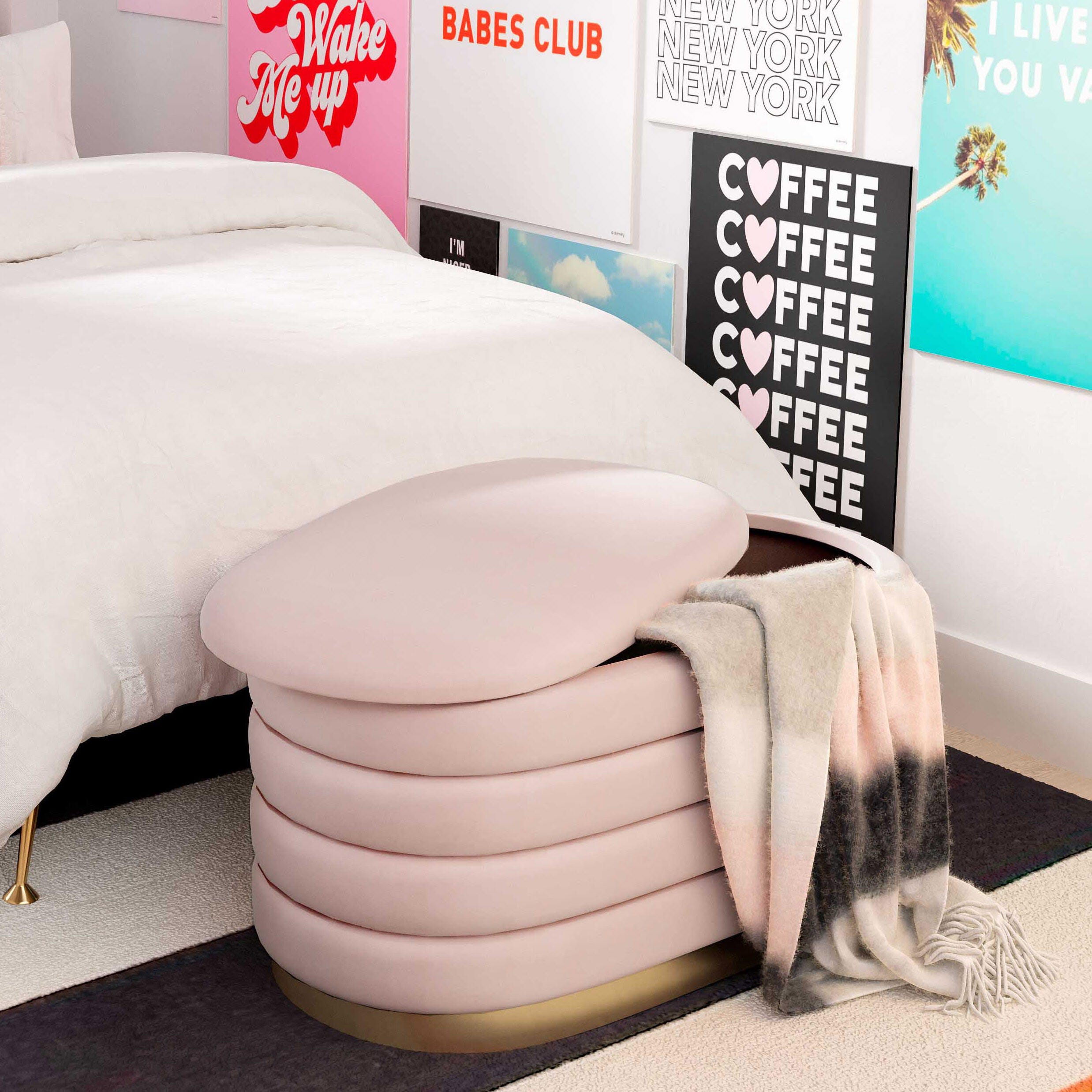 TOV Furniture Lillian Blush Velvet Storage Bench, Blush, large