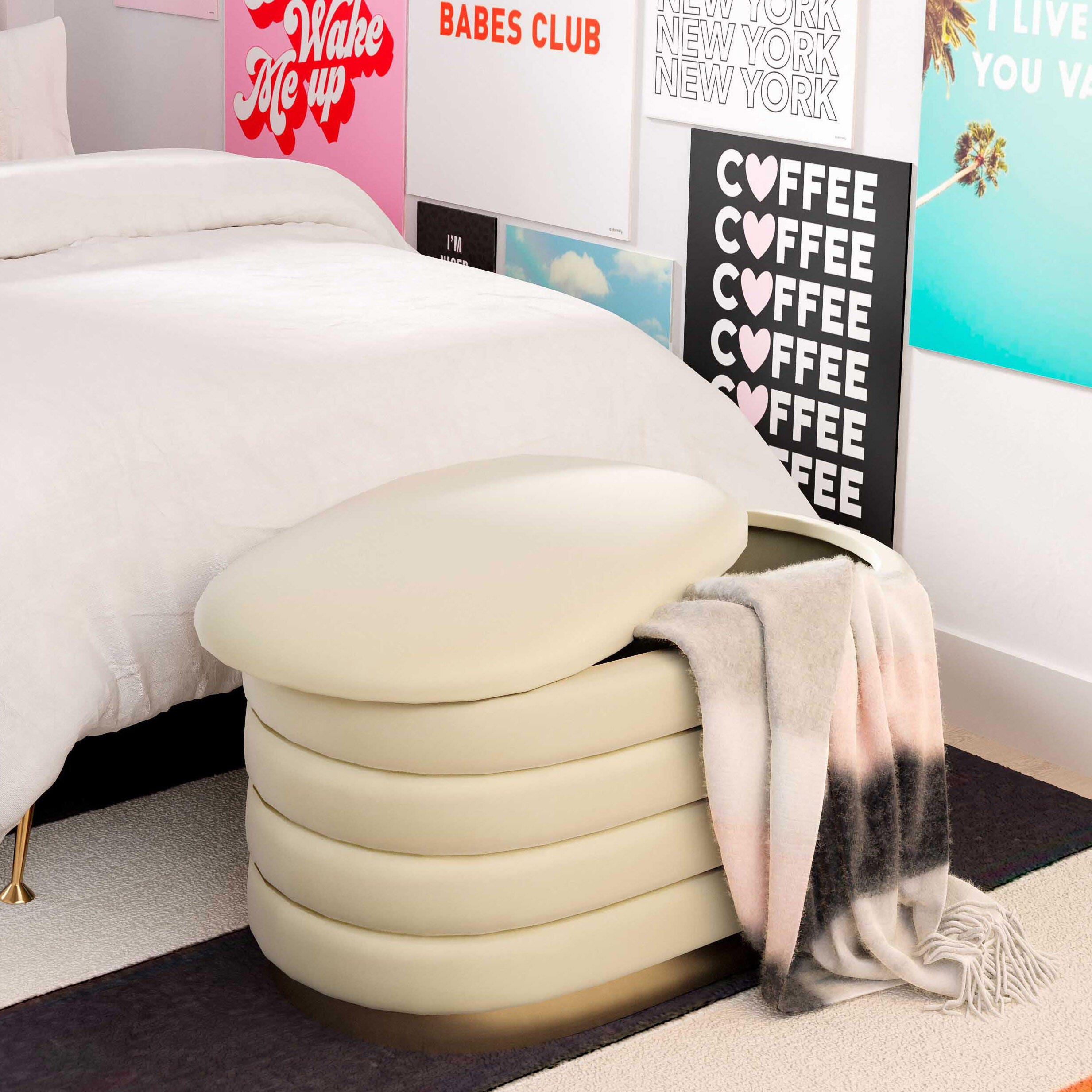 TOV Furniture Lillian Cream Velvet Storage Bench, Cream, large