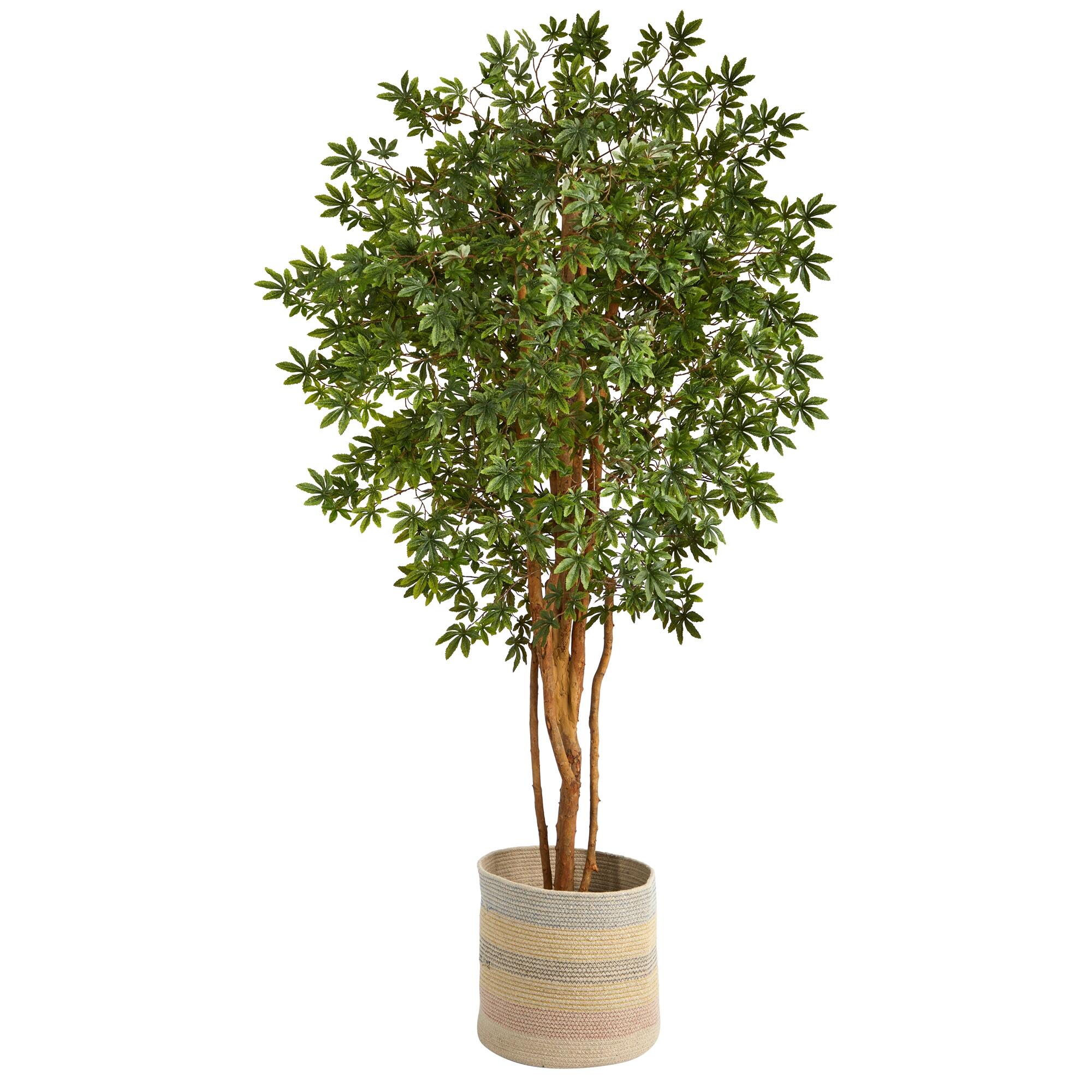 6&rsquo; Japanese Maple Artificial Tree in Handmade Natural Cotton Multicolored Woven Planter, , large
